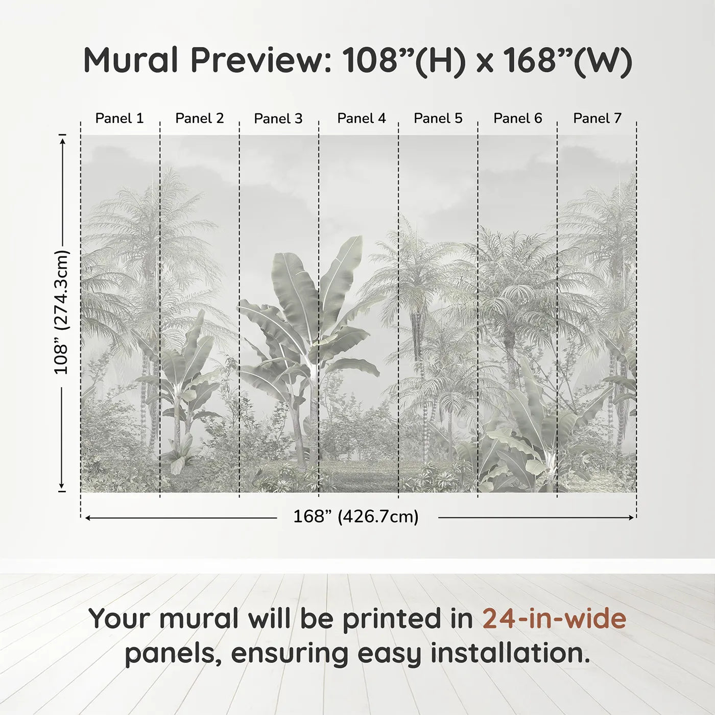 Whimsy Tots Misty White Jungle Wall Muraldimension view (108" H x 168" W). Printed in seven 24-inch-wide panels. Gender-Neutral