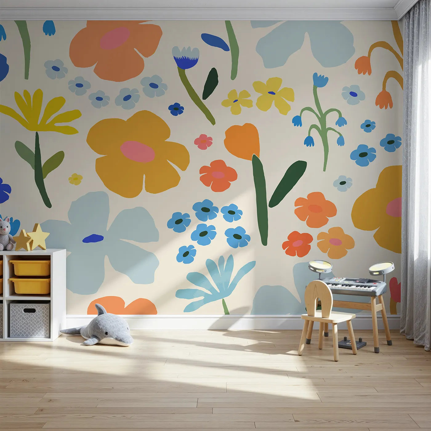 Front view of Whimsy Tots' Retro Sixties Floral Wall Mural