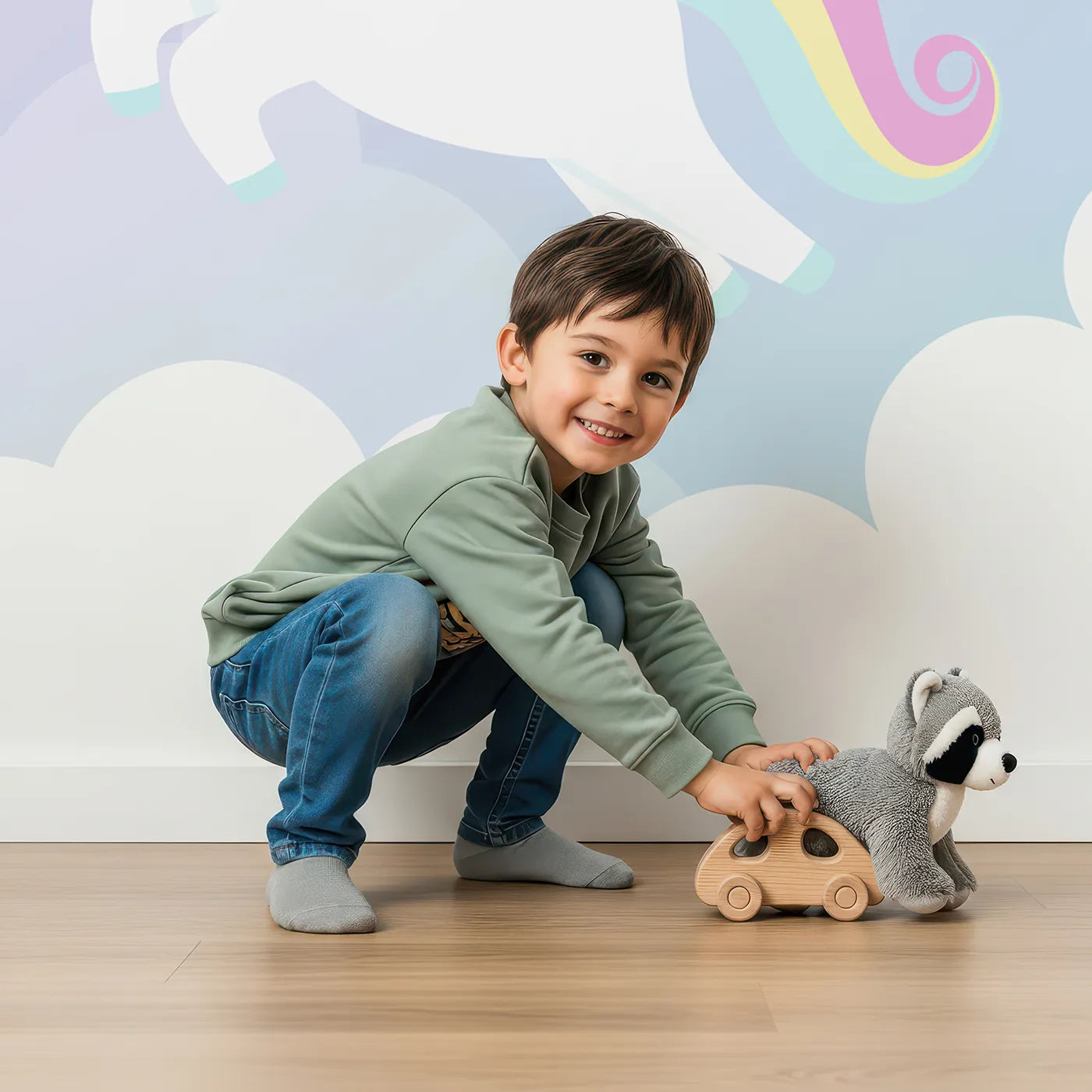 Child in front of Whimsy Tots Unicorn Rainbow Sky Wall Mural with unicorn, rainbow, sky, cloud, star, moon, magic, pastel in design.