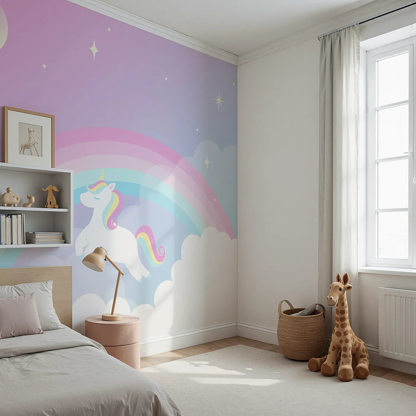 Angled view of Whimsy Tots' Unicorn Rainbow Sky Wall Mural (Turn Their Room into a Magical Dreamscape).Best for Girls
