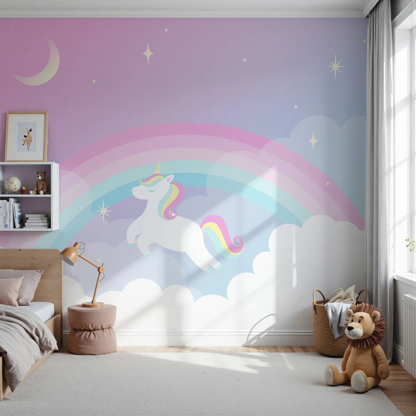 Front view of Whimsy Tots' Unicorn Rainbow Sky Wall Mural