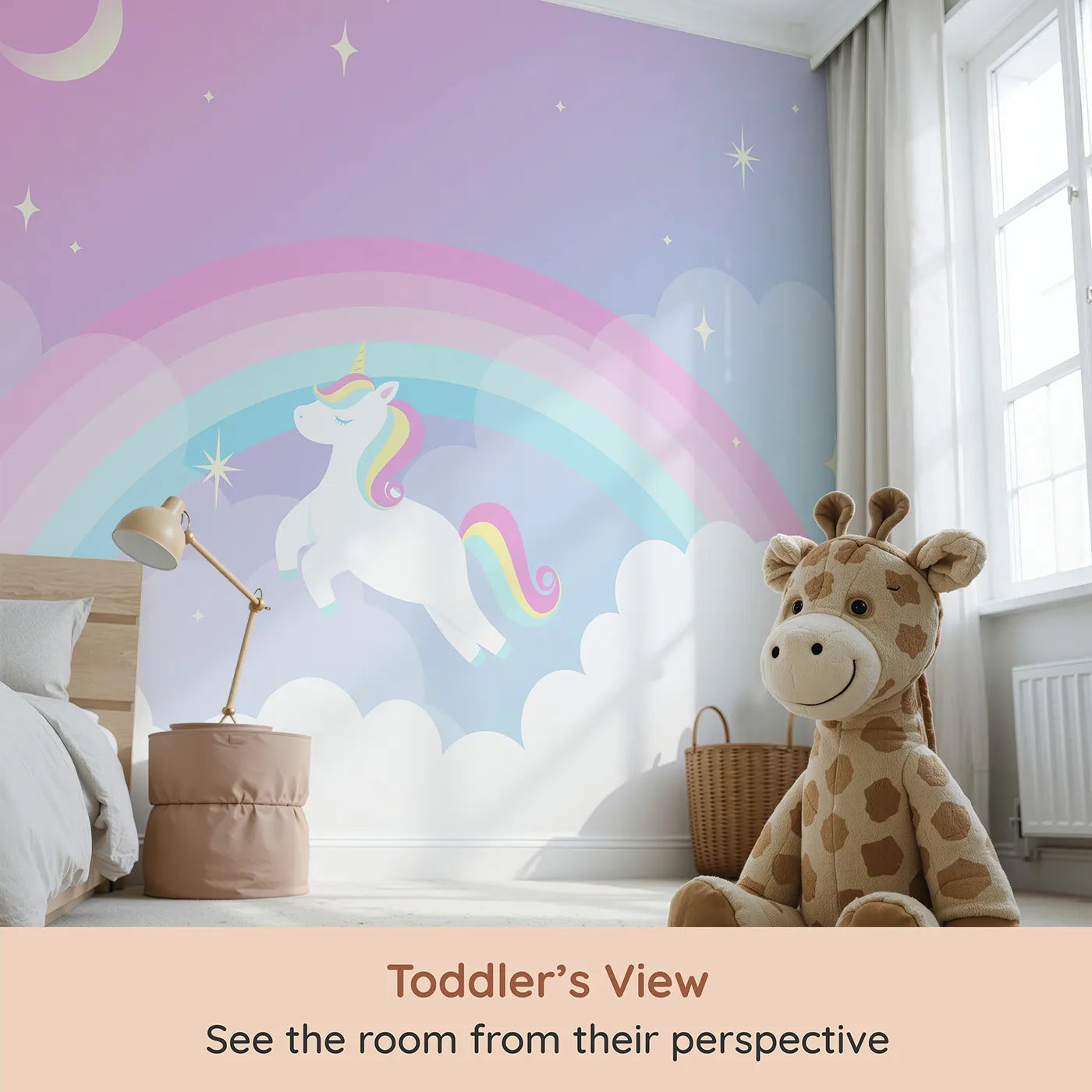 Whimsy Tots Unicorn Rainbow Sky Wall Mural (Turn Their Room into a Magical Dreamscape) from your child's view.Best for Girls