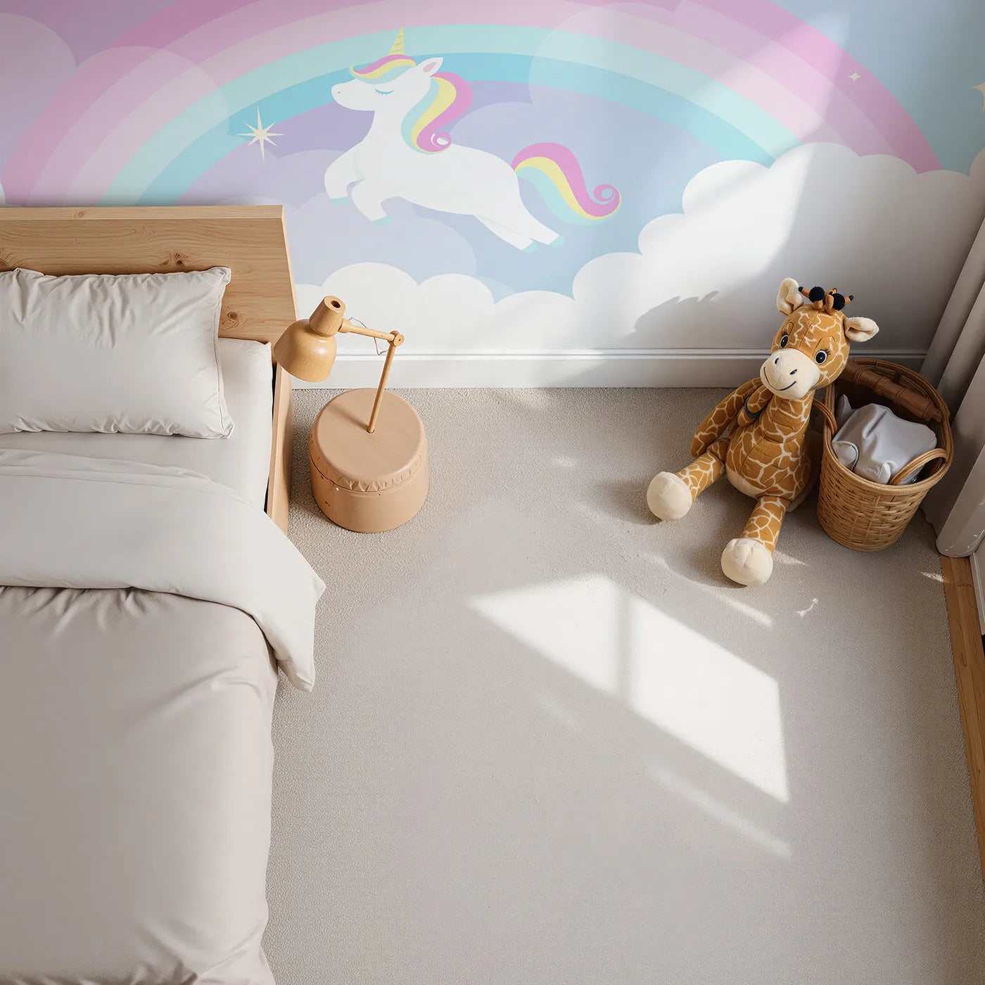 Top-down view of Whimsy Tots' Unicorn Rainbow Sky Wall Mural (Turn Their Room into a Magical Dreamscape).Best for Girls