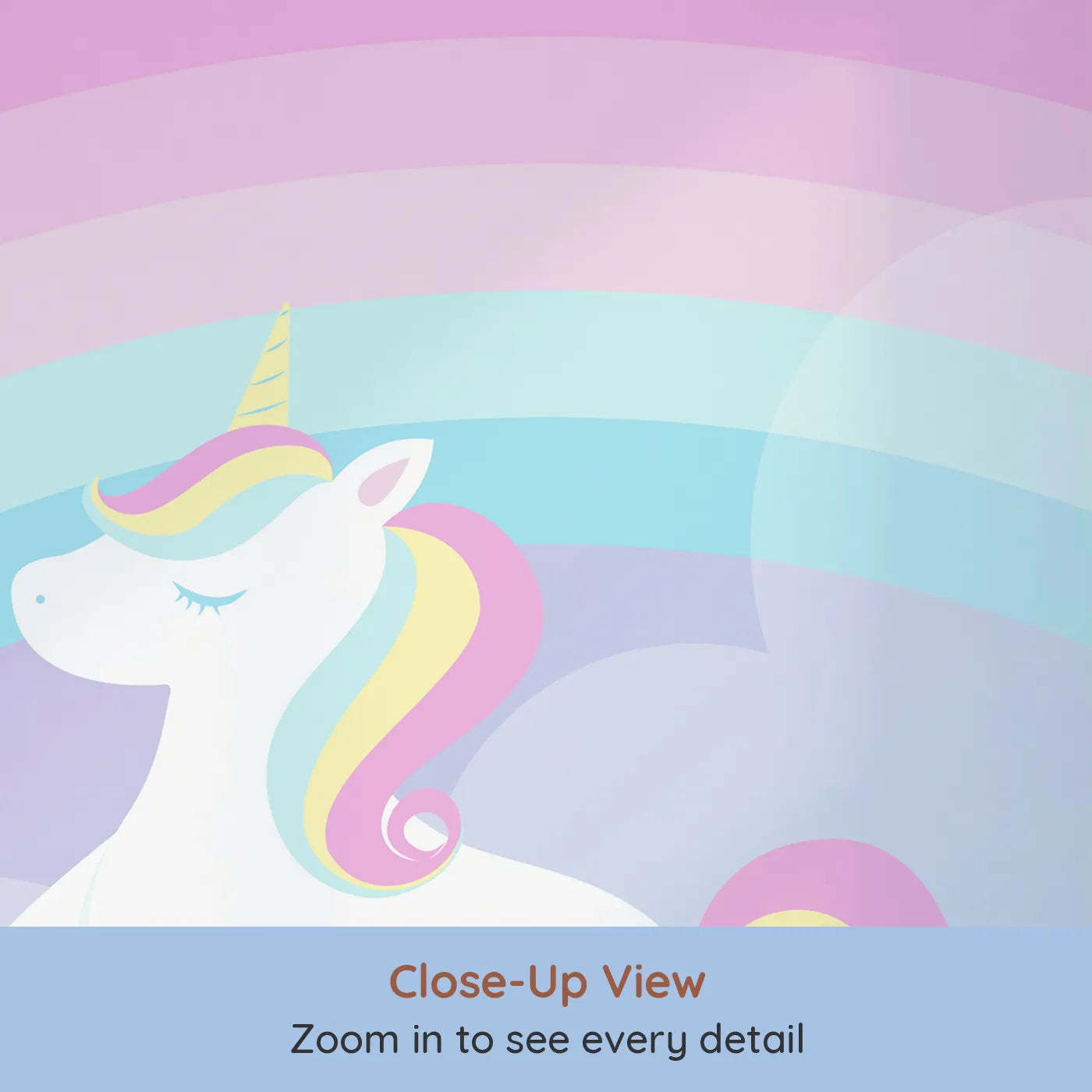 Close-up view of Whimsy Tots' Unicorn Rainbow Sky Wall Mural (Turn Their Room into a Magical Dreamscape).Best for Girls