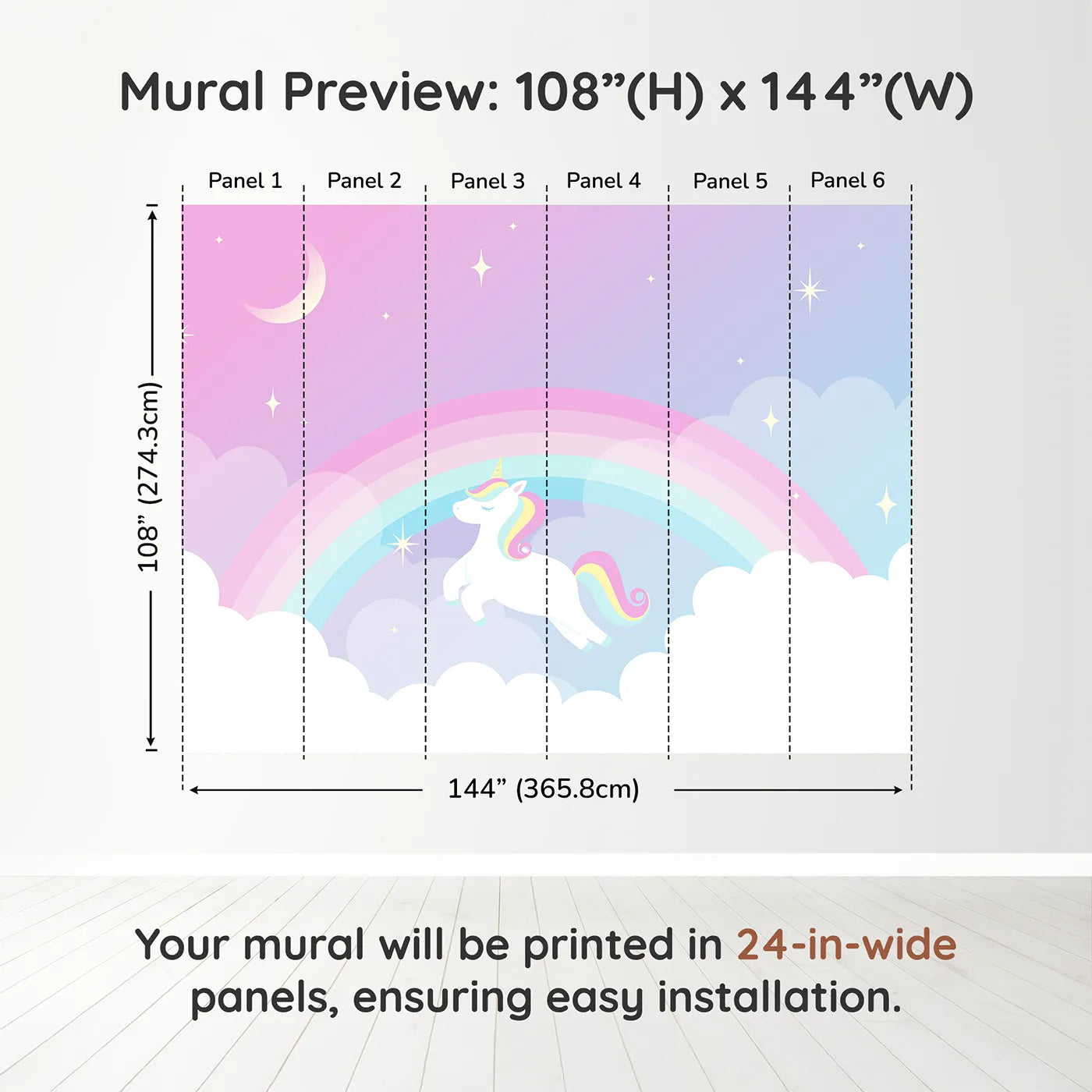 Whimsy Tots Unicorn Rainbow Sky Wall Muraldimension view (108" H x 144" W). Printed in six 24-inch-wide panels. Best for Girls