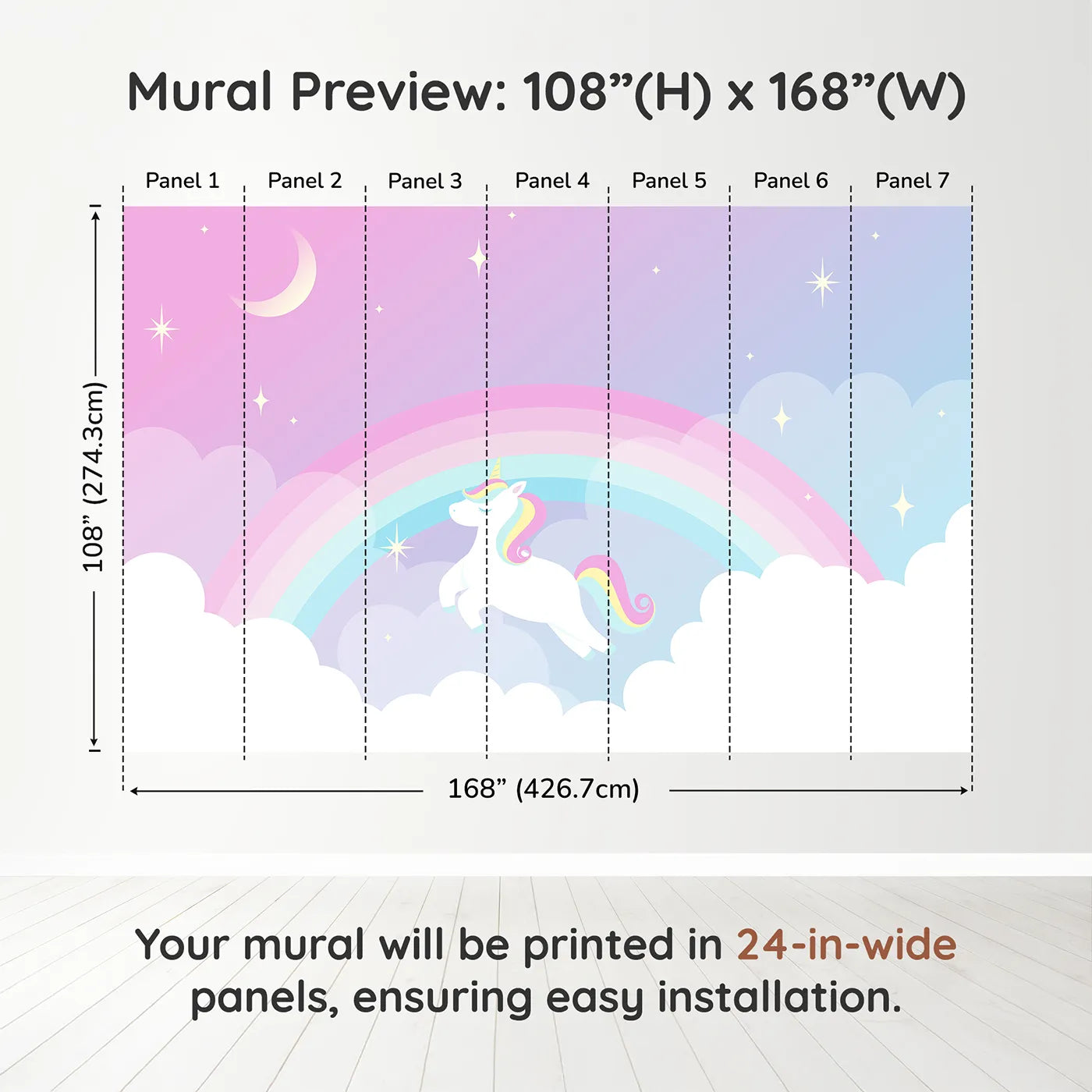 Whimsy Tots Unicorn Rainbow Sky Wall Muraldimension view (108" H x 168" W). Printed in seven 24-inch-wide panels. Best for Girls