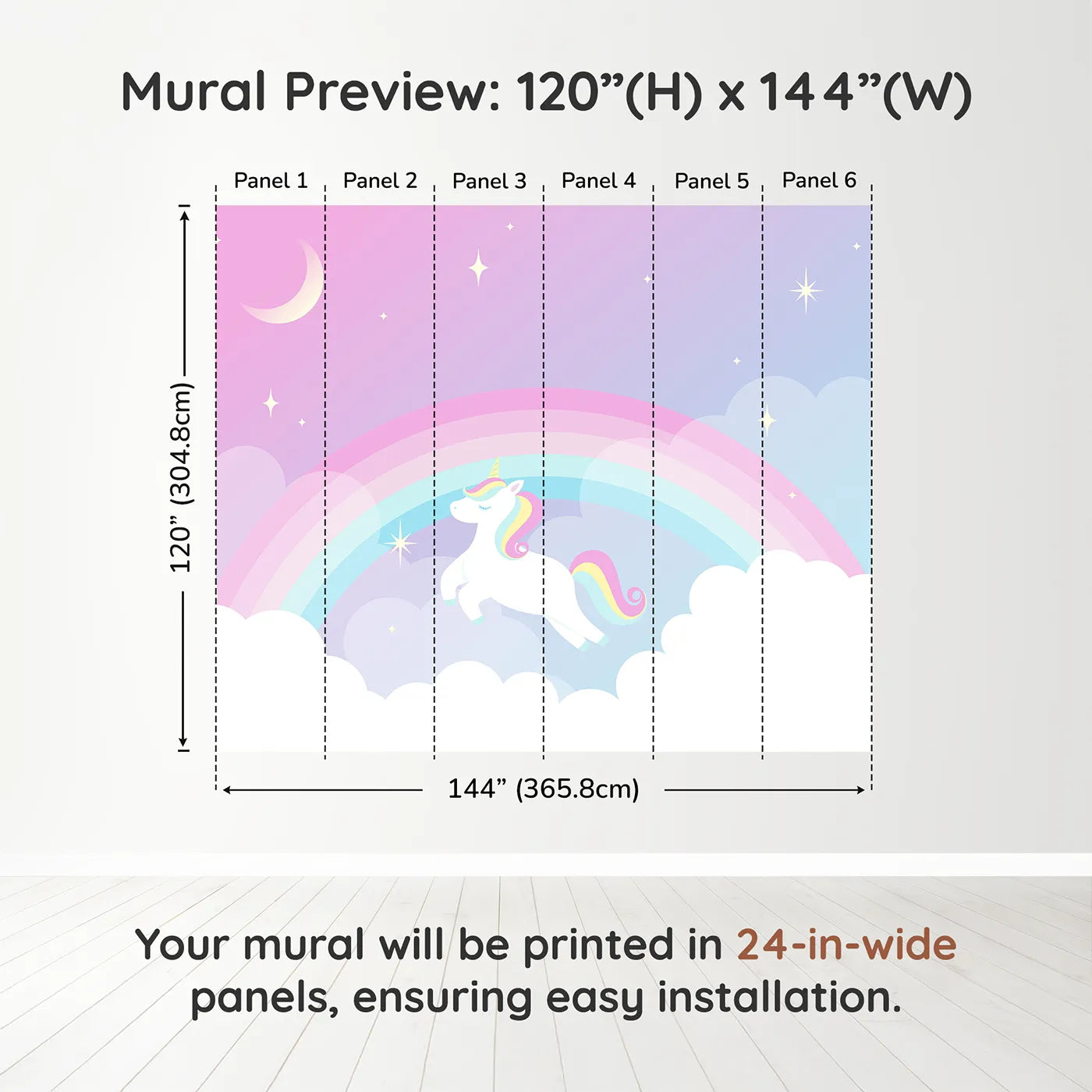 Whimsy Tots Unicorn Rainbow Sky Wall Muraldimension view (120" H x 144" W). Printed in six 24-inch-wide panels. Best for Girls