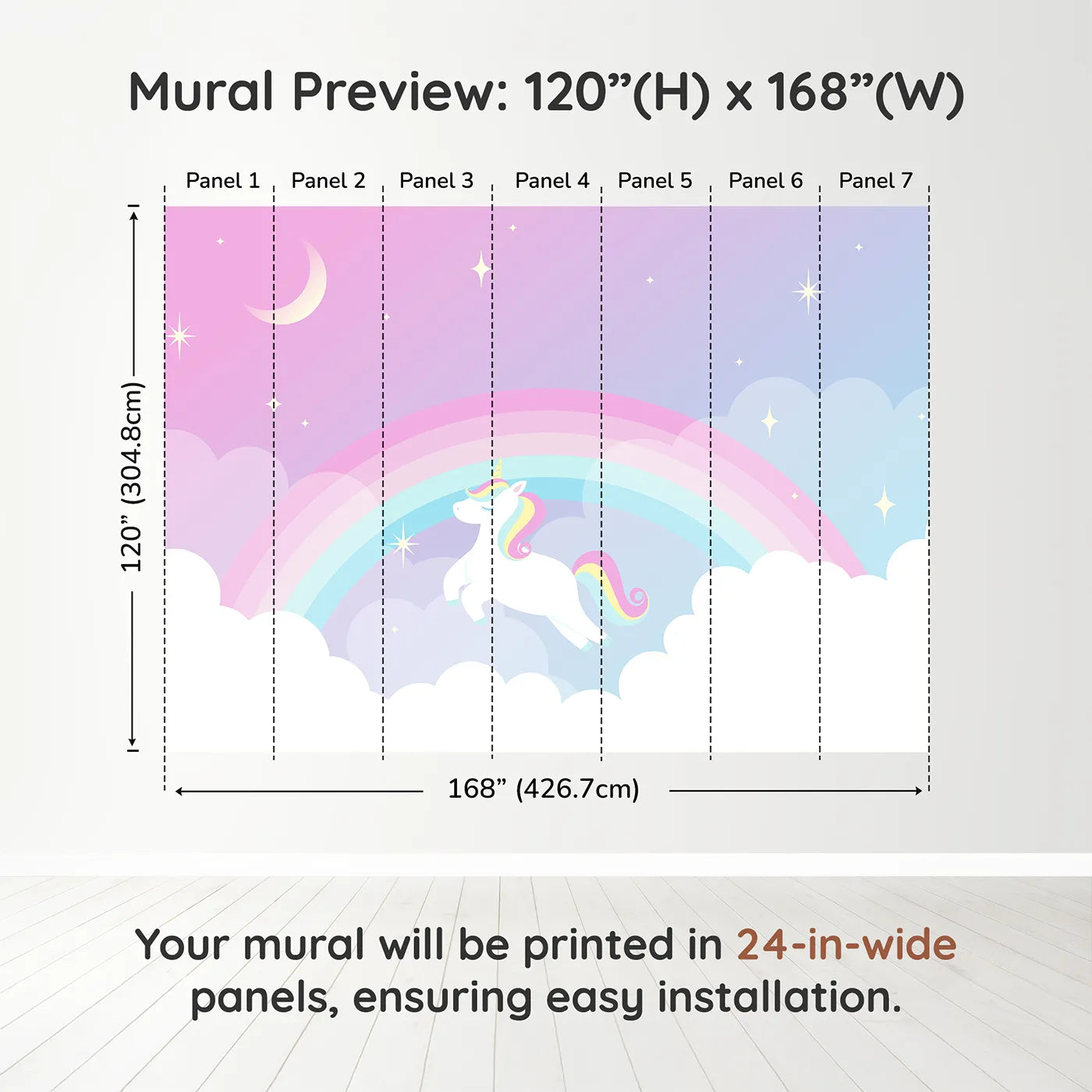 Whimsy Tots Unicorn Rainbow Sky Wall Muraldimension view (120" H x 168" W). Printed in seven 24-inch-wide panels. Best for Girls