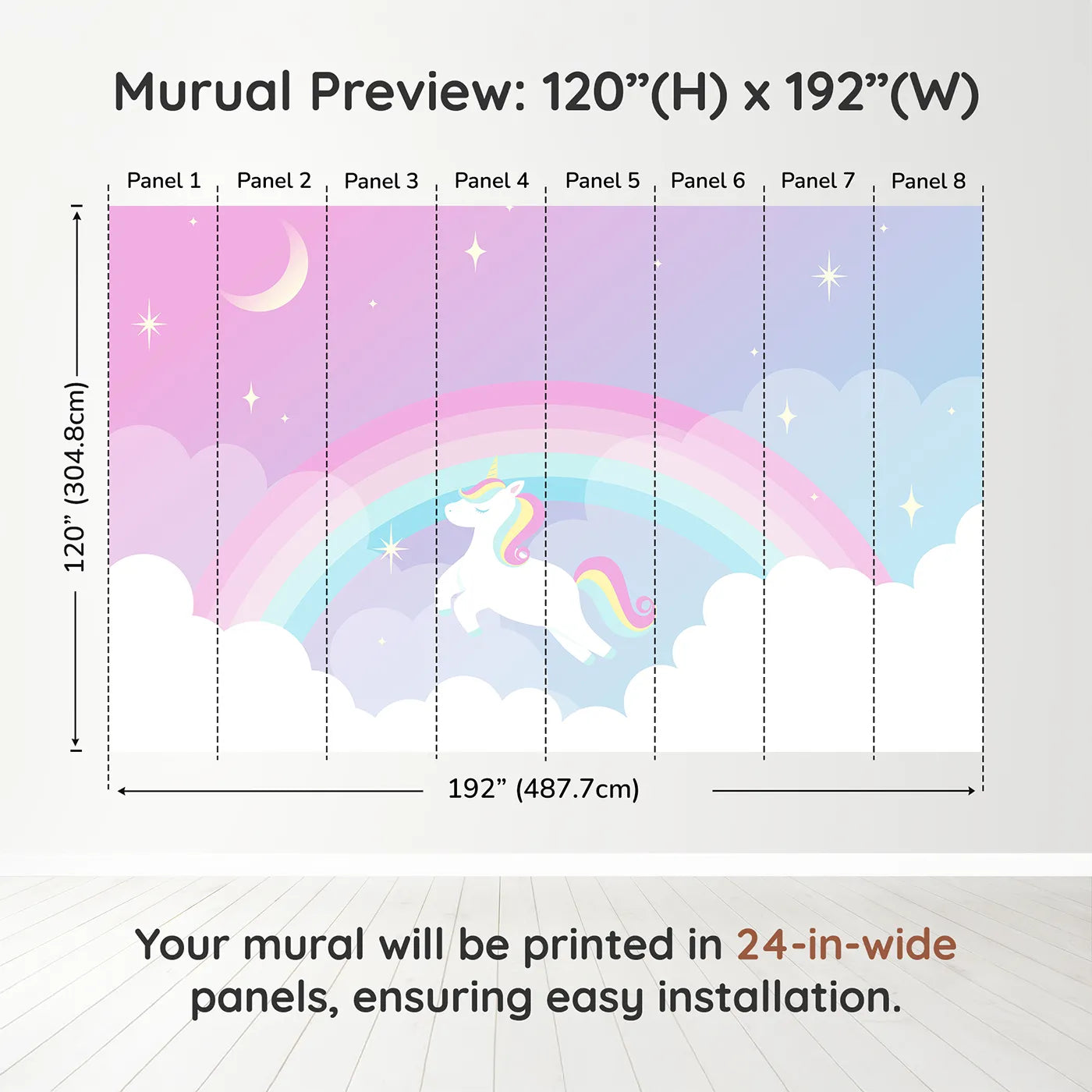 Whimsy Tots Unicorn Rainbow Sky Wall Muraldimension view (120" H x 192" W). Printed in eight 24-inch-wide panels. Best for Girls