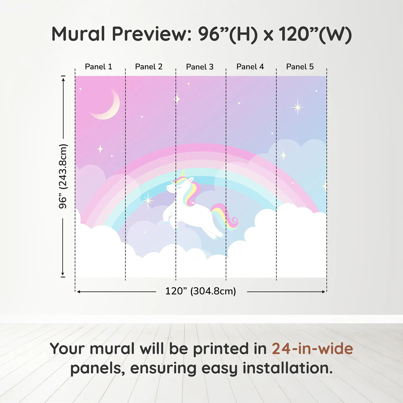 Whimsy Tots Unicorn Rainbow Sky Wall Muraldimension view (96" H x 120" W). Printed in five 24-inch-wide panels. Best for Girls