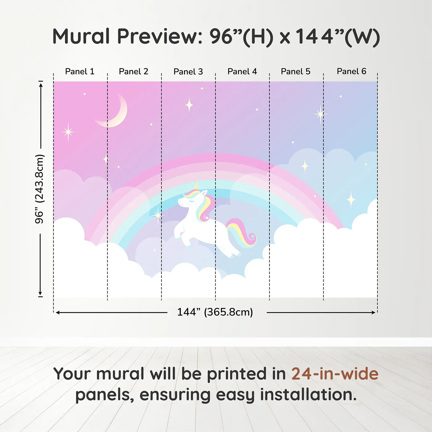 Whimsy Tots Unicorn Rainbow Sky Wall Muraldimension view (96" H x 144" W). Printed in six 24-inch-wide panels. Best for Girls
