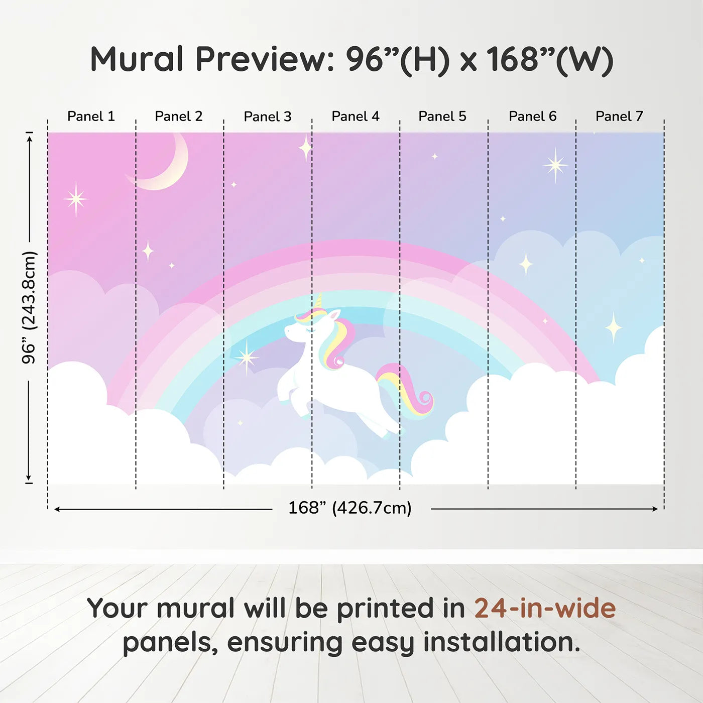 Whimsy Tots Unicorn Rainbow Sky Wall Muraldimension view (96" H x 168" W). Printed in seven 24-inch-wide panels. Best for Girls