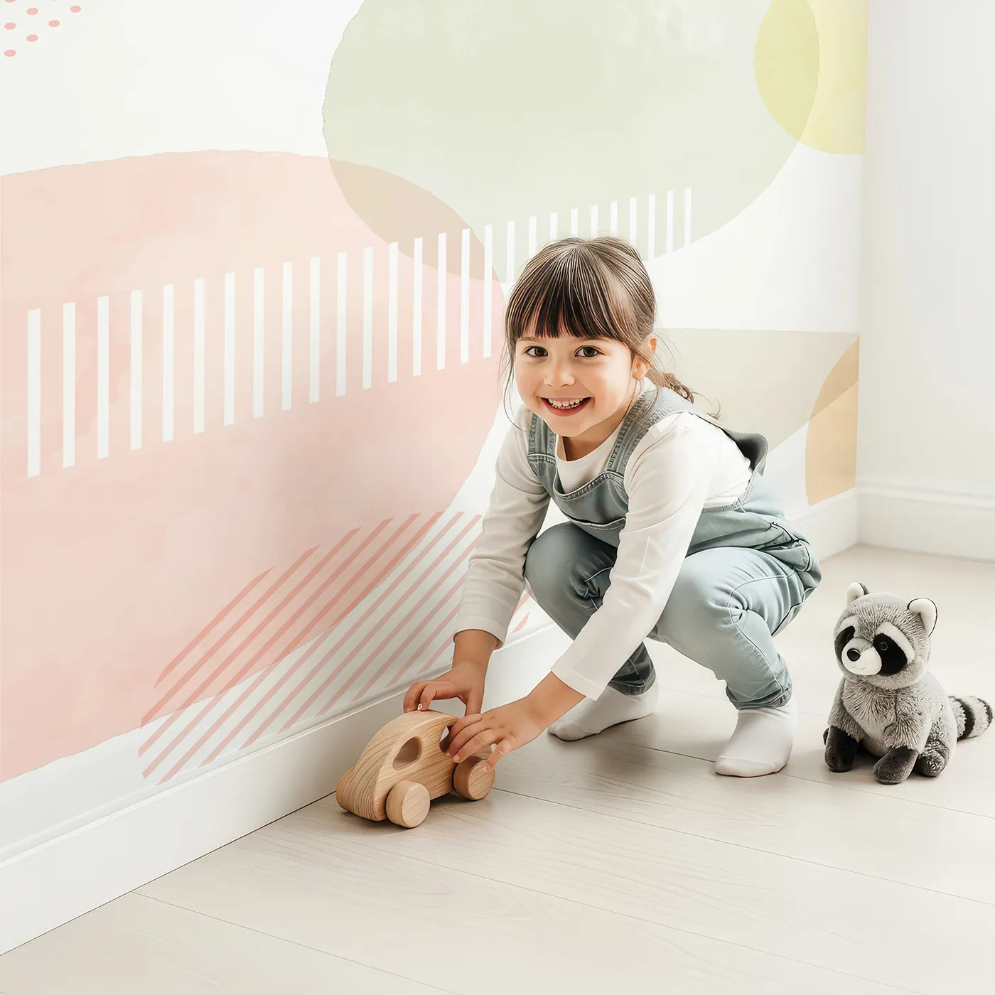 Child in front of Whimsy Tots Pastel Geometric Shapes Wall Mural with geometric, shape, pastel, circle, triangle, watercolor, abstract, pattern in design.
