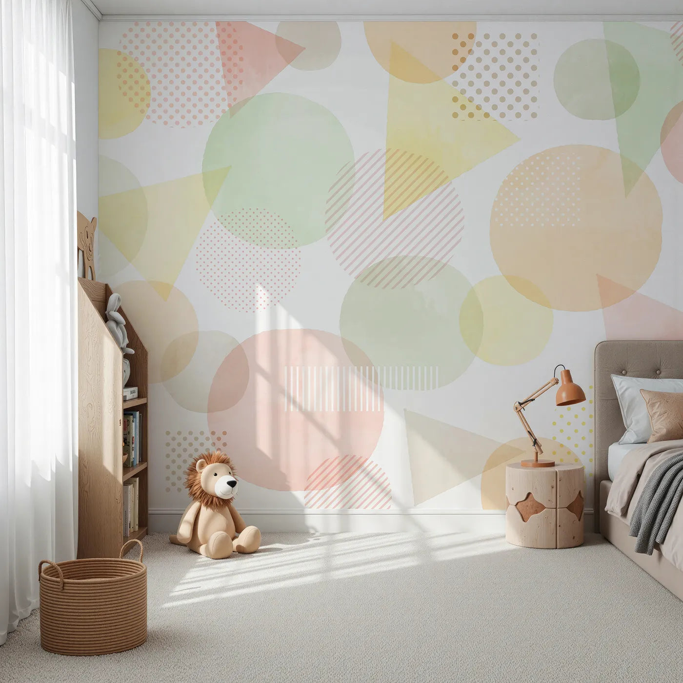 Front view of Whimsy Tots' Pastel Geometric Shapes Wall Mural