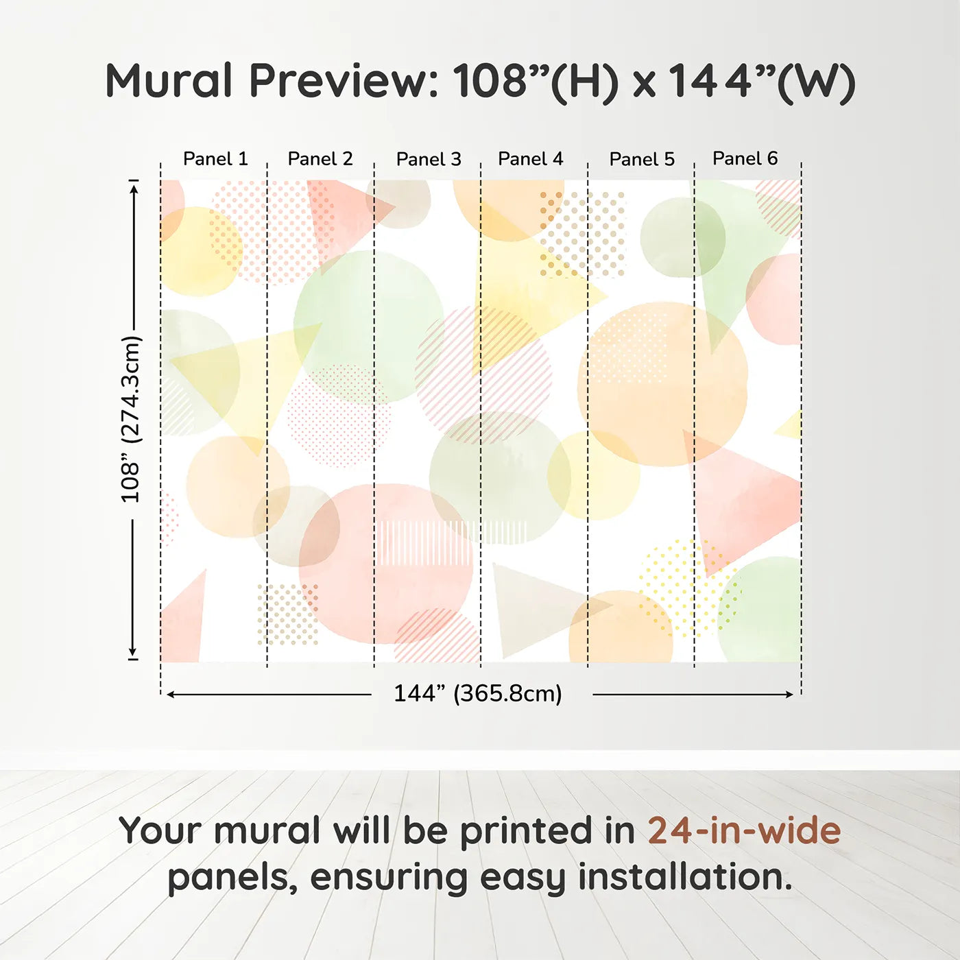 Whimsy Tots Pastel Geometric Shapes Wall Muraldimension view (108" H x 144" W). Printed in six 24-inch-wide panels. Gender-Neutral