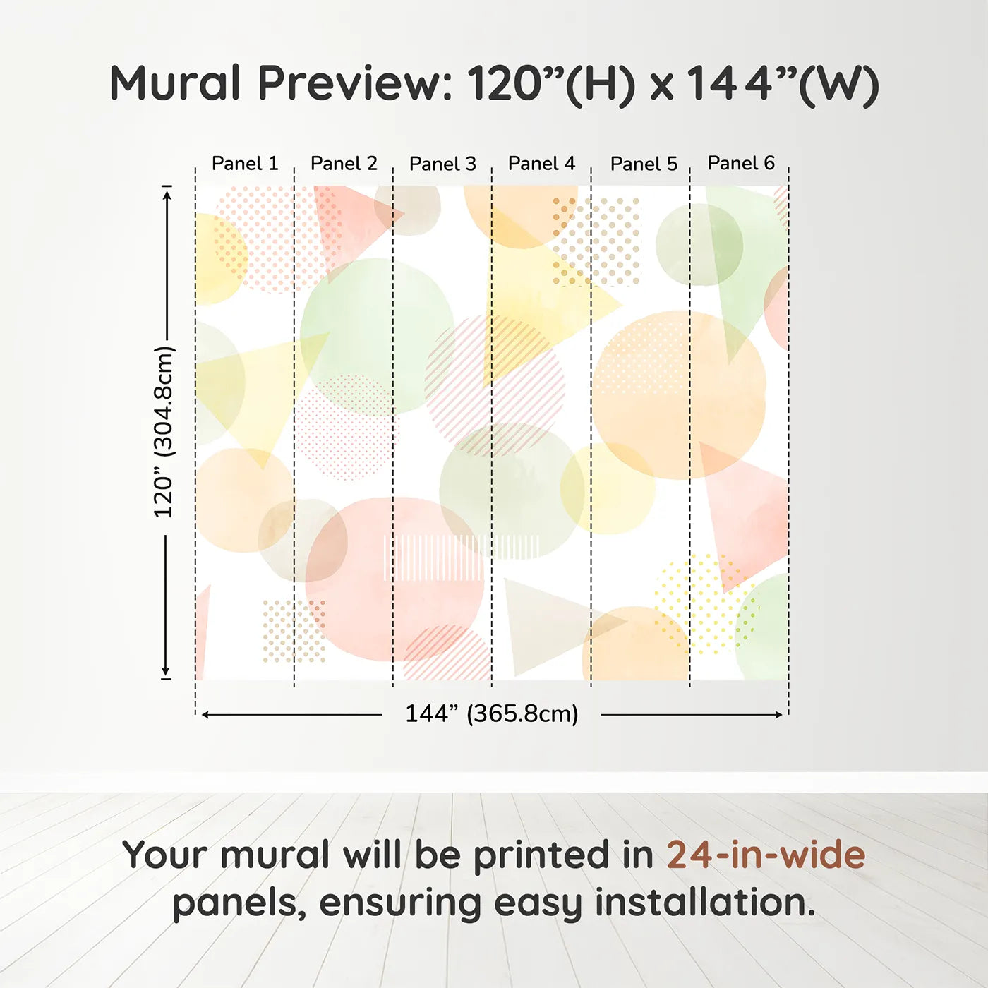 Whimsy Tots Pastel Geometric Shapes Wall Muraldimension view (120" H x 144" W). Printed in six 24-inch-wide panels. Gender-Neutral
