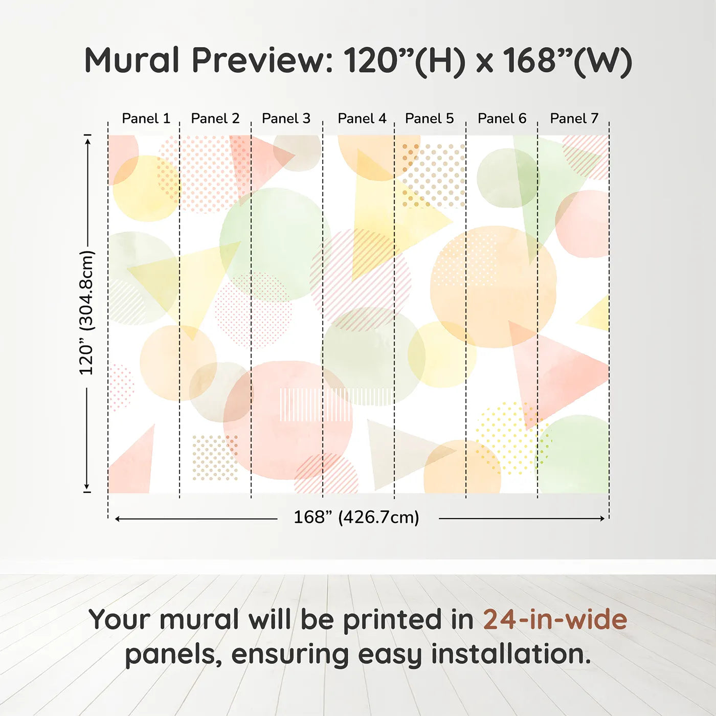 Whimsy Tots Pastel Geometric Shapes Wall Muraldimension view (120" H x 168" W). Printed in seven 24-inch-wide panels. Gender-Neutral