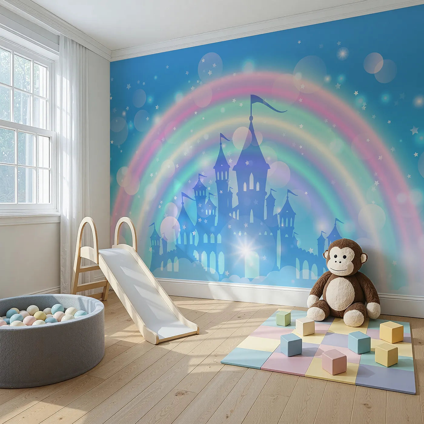 Angled view of Whimsy Tots' Magical Rainbow Castle Wall Mural (Turn Their Room into a Glowing Fairytale Kingdom).Best for Girls