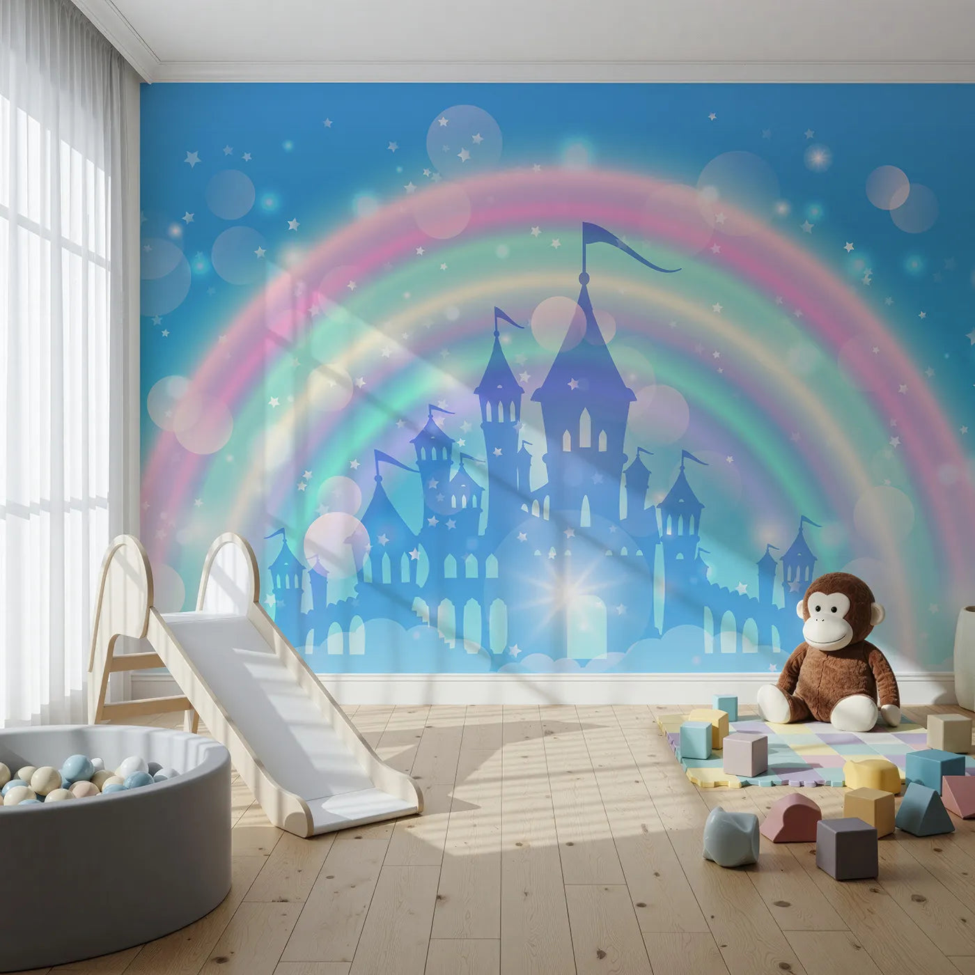 Front view of Whimsy Tots' Magical Rainbow Castle Wall Mural