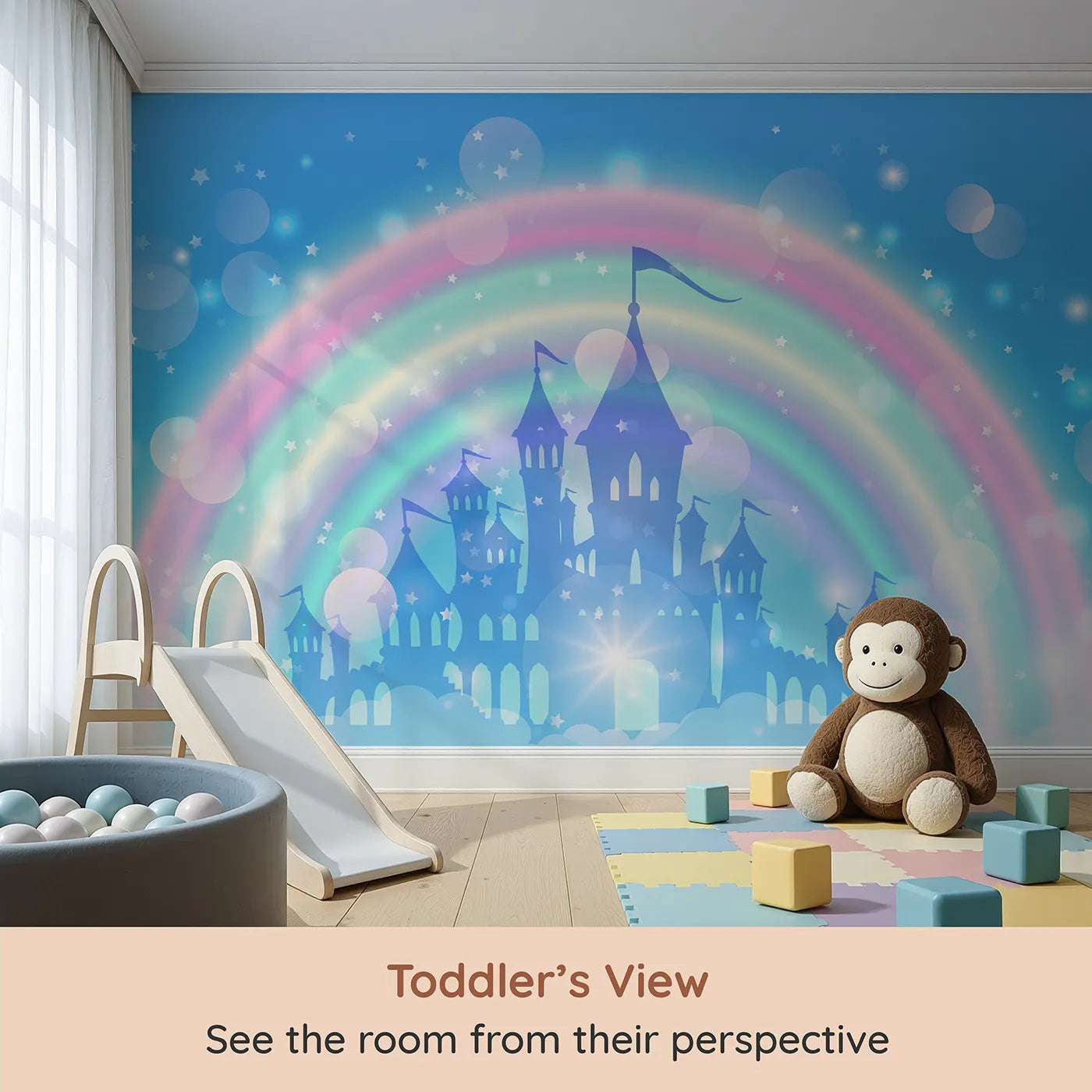 Whimsy Tots Magical Rainbow Castle Wall Mural (Turn Their Room into a Glowing Fairytale Kingdom) from your child's view.Best for Girls