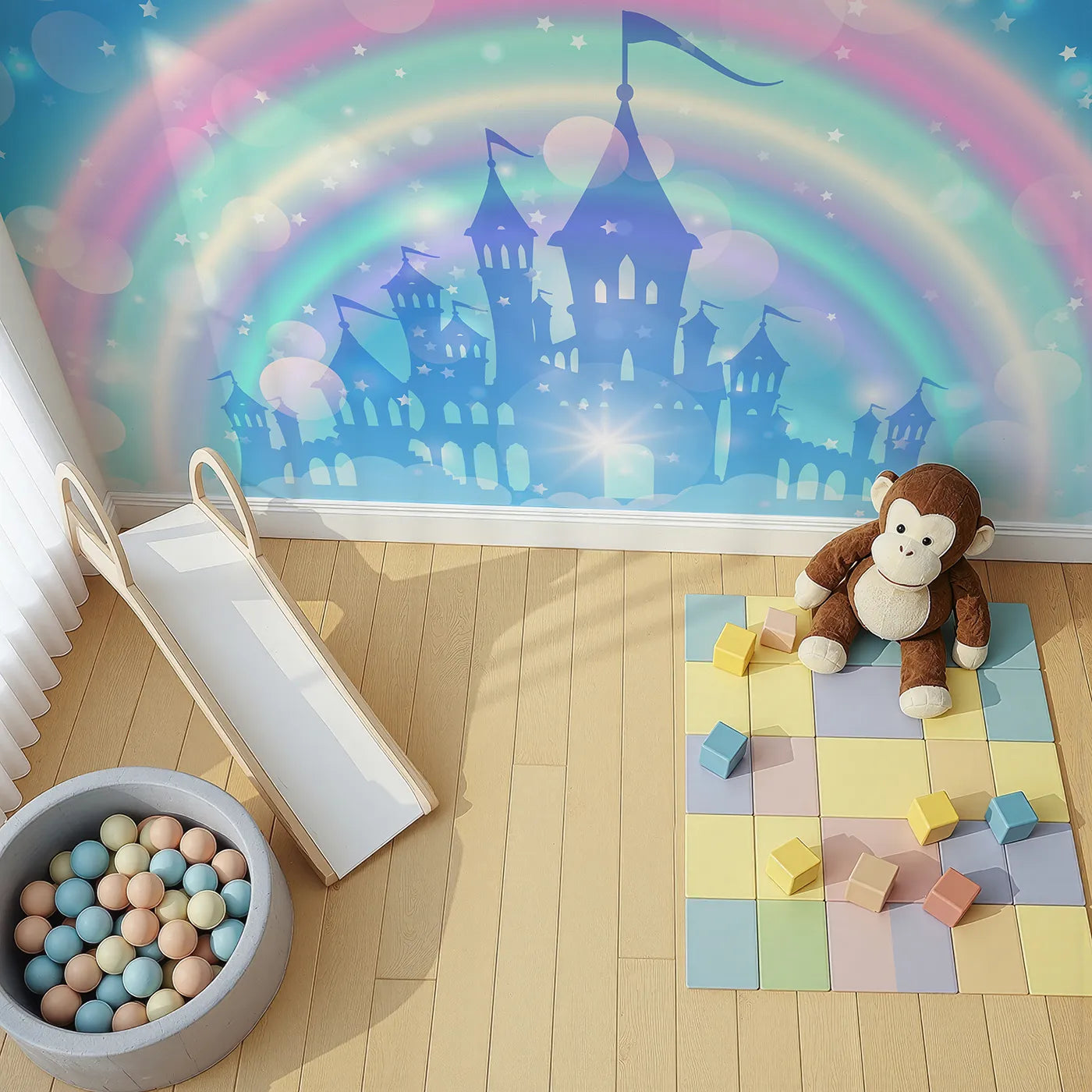 Top-down view of Whimsy Tots' Magical Rainbow Castle Wall Mural (Turn Their Room into a Glowing Fairytale Kingdom).Best for Girls