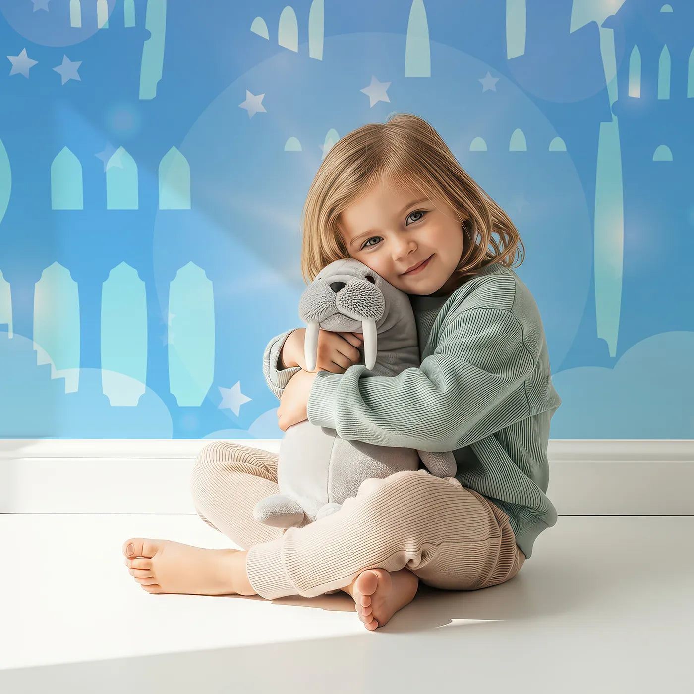 Child in front of Whimsy Tots Magical Rainbow Castle Wall Mural with castle, rainbow, sparkle, magic, fairytale, fantasy, blue, pastel in design.