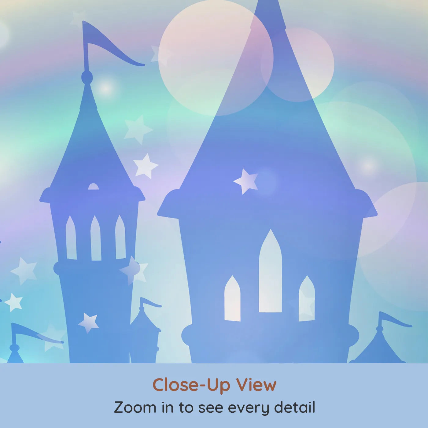Close-up view of Whimsy Tots' Magical Rainbow Castle Wall Mural (Turn Their Room into a Glowing Fairytale Kingdom).Best for Girls