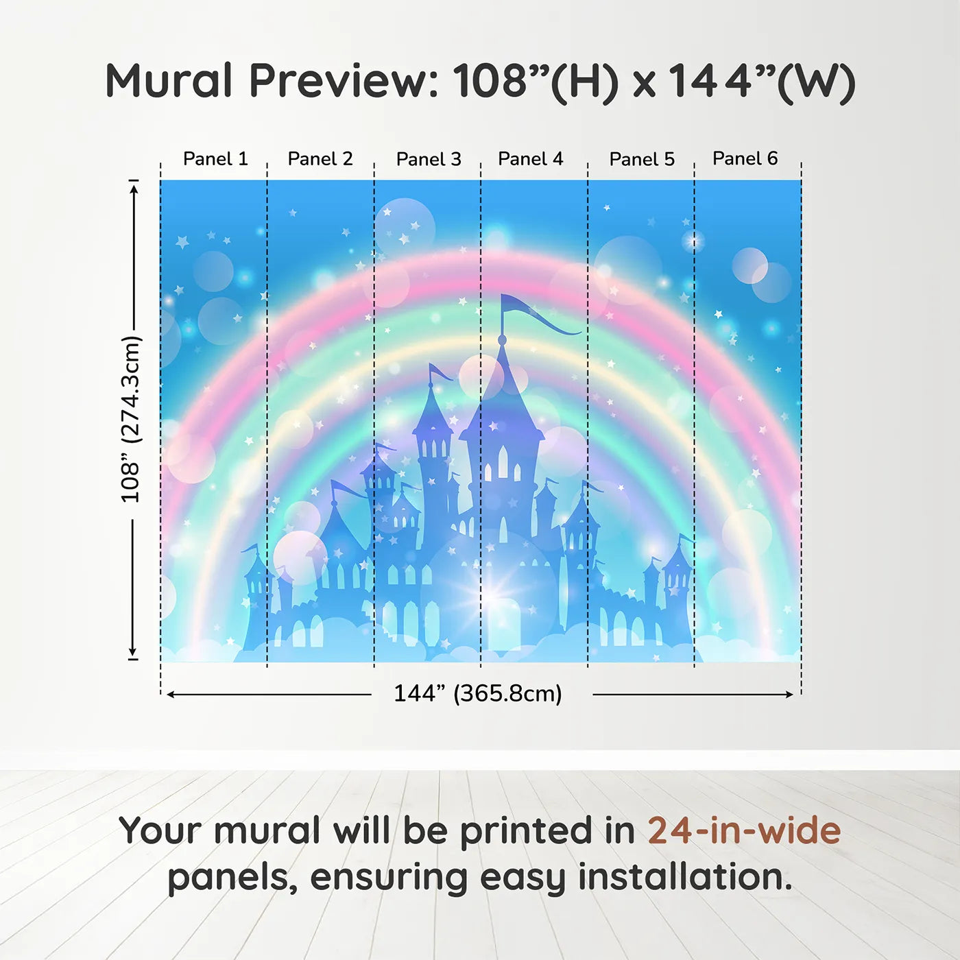 Whimsy Tots Magical Rainbow Castle Wall Muraldimension view (108" H x 144" W). Printed in six 24-inch-wide panels. Best for Girls