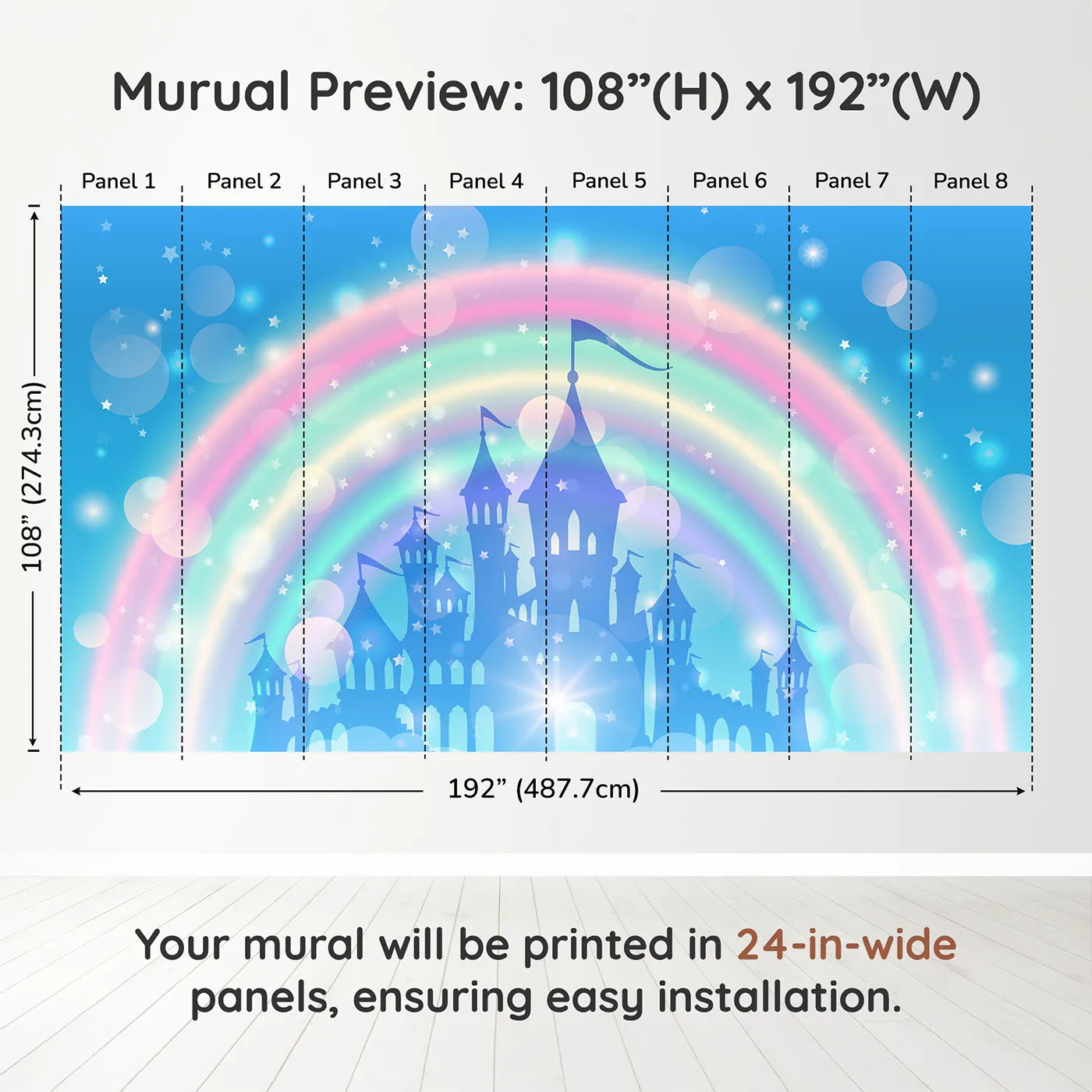 Whimsy Tots Magical Rainbow Castle Wall Muraldimension view (108" H x 192" W). Printed in eight 24-inch-wide panels. Best for Girls
