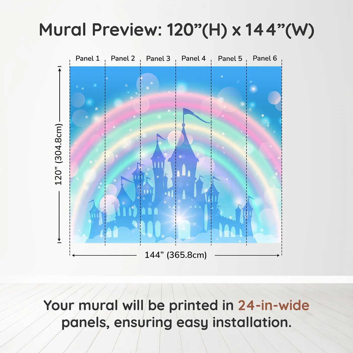 Whimsy Tots Magical Rainbow Castle Wall Muraldimension view (120" H x 144" W). Printed in six 24-inch-wide panels. Best for Girls