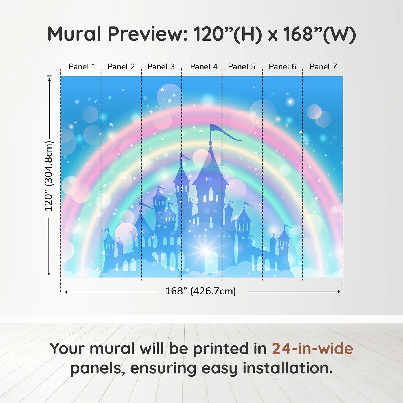 Whimsy Tots Magical Rainbow Castle Wall Muraldimension view (120" H x 168" W). Printed in seven 24-inch-wide panels. Best for Girls