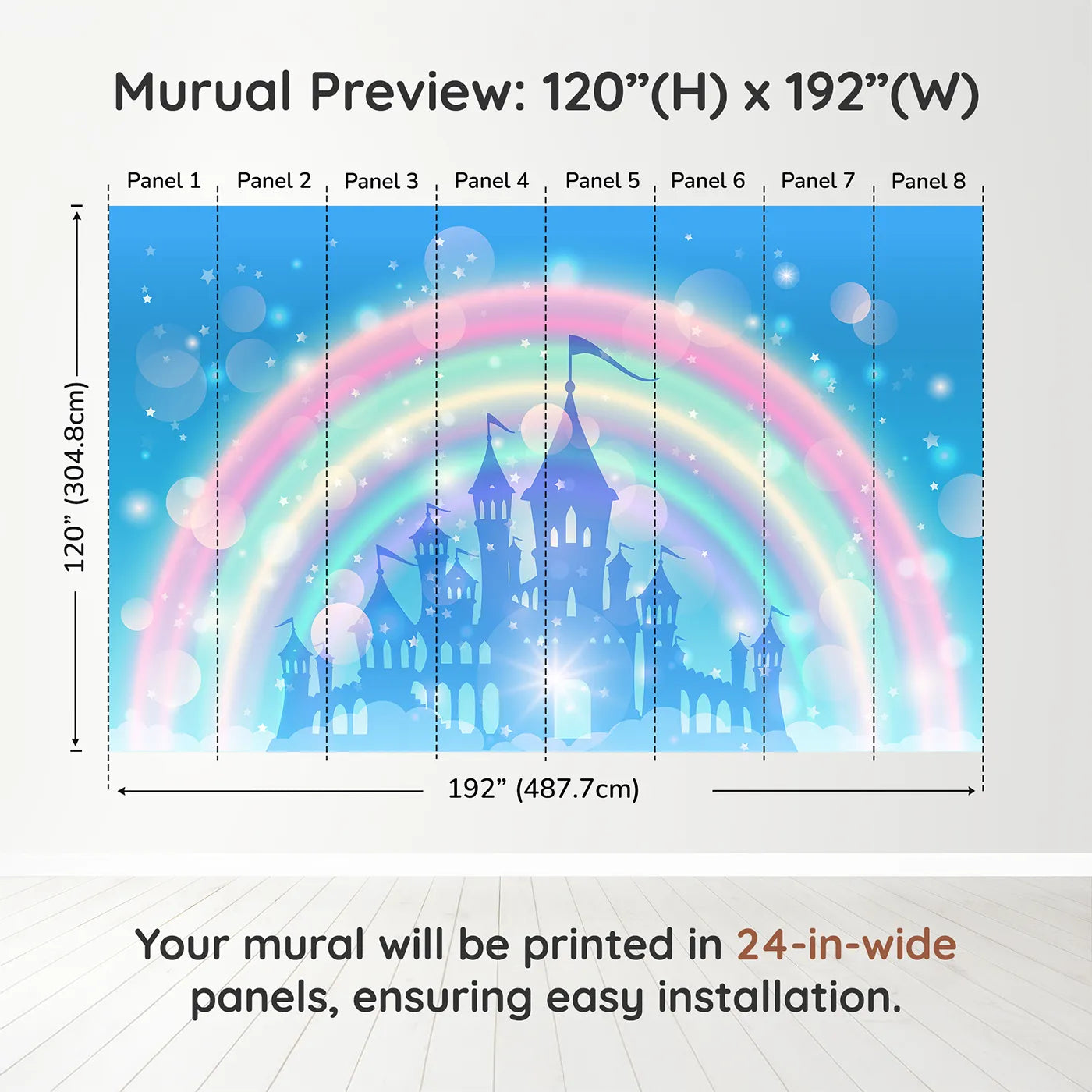 Whimsy Tots Magical Rainbow Castle Wall Muraldimension view (120" H x 192" W). Printed in eight 24-inch-wide panels. Best for Girls