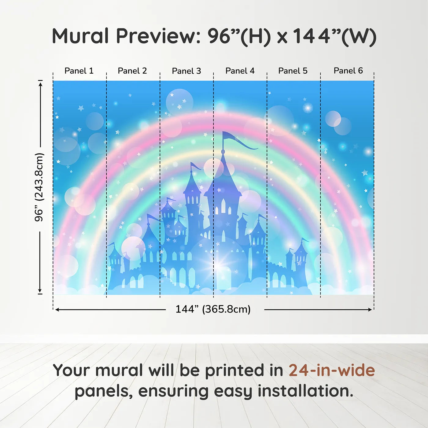 Whimsy Tots Magical Rainbow Castle Wall Muraldimension view (96" H x 144" W). Printed in six 24-inch-wide panels. Best for Girls