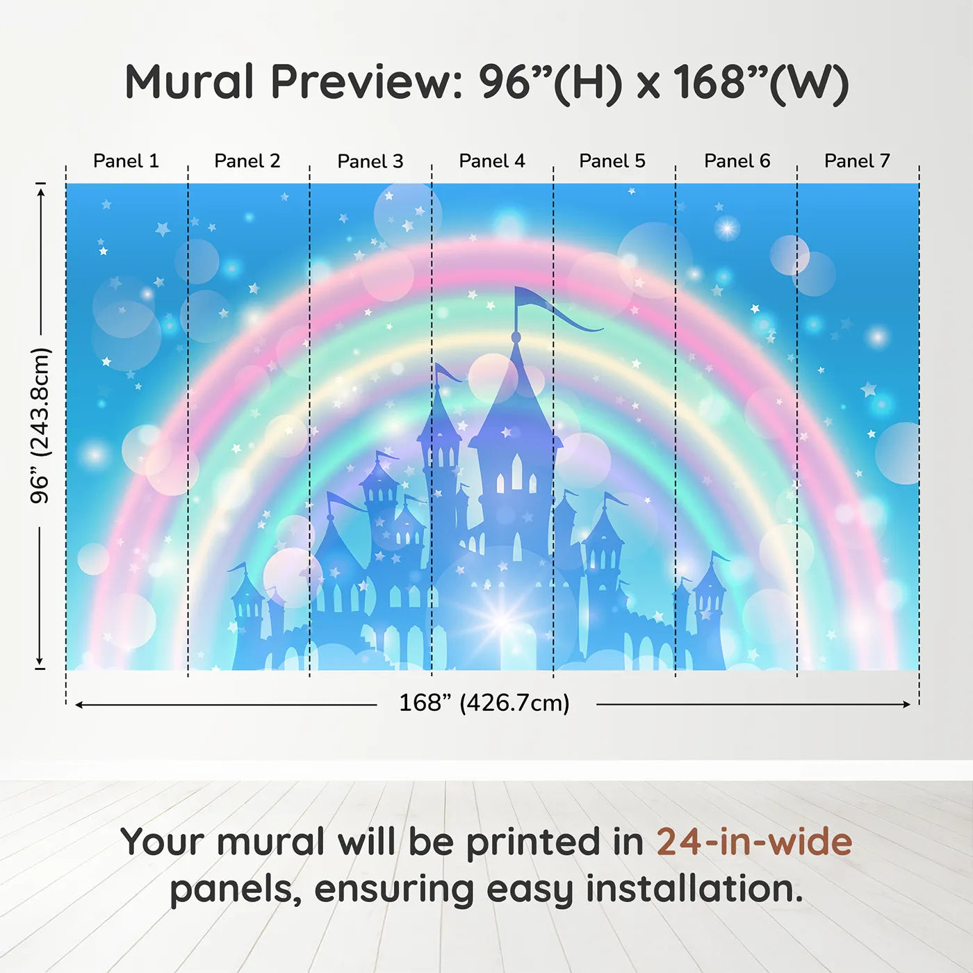 Whimsy Tots Magical Rainbow Castle Wall Muraldimension view (96" H x 168" W). Printed in seven 24-inch-wide panels. Best for Girls