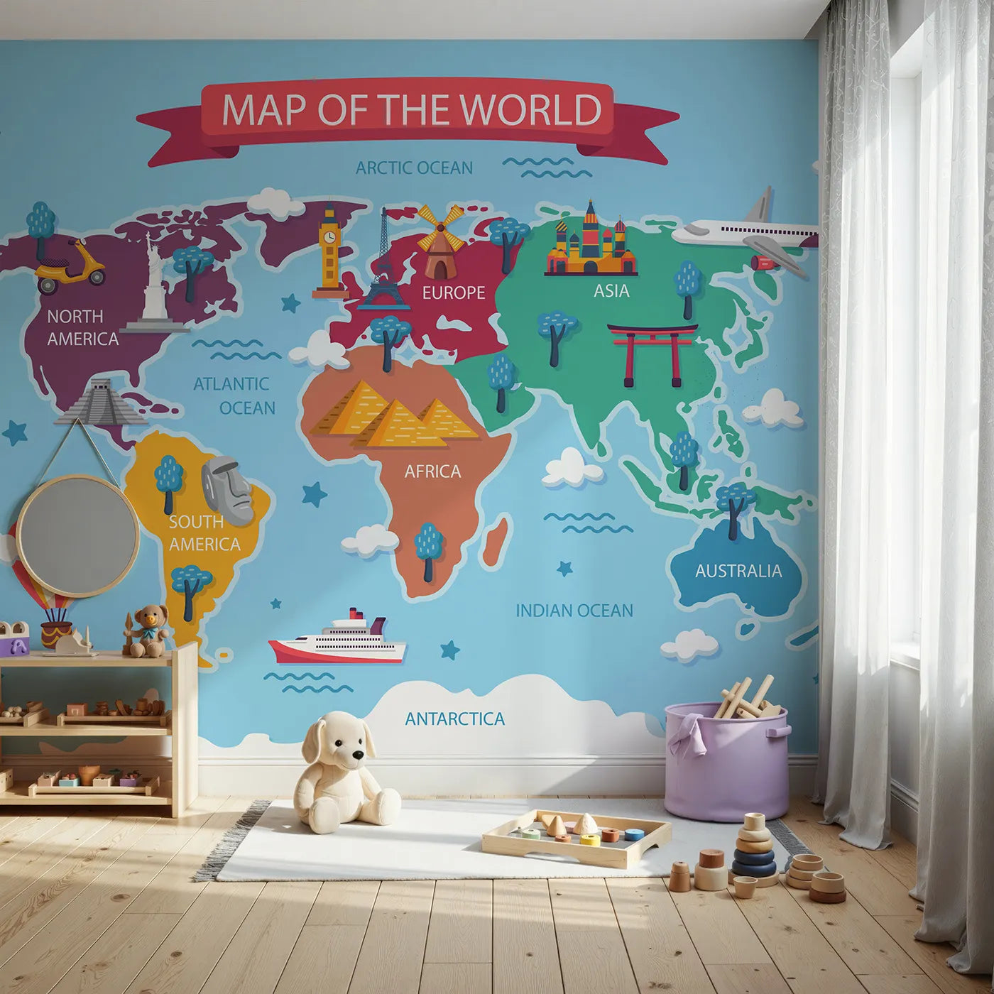 Front view of Whimsy Tots' Cartoon World Map with Landmarks Wall Mural