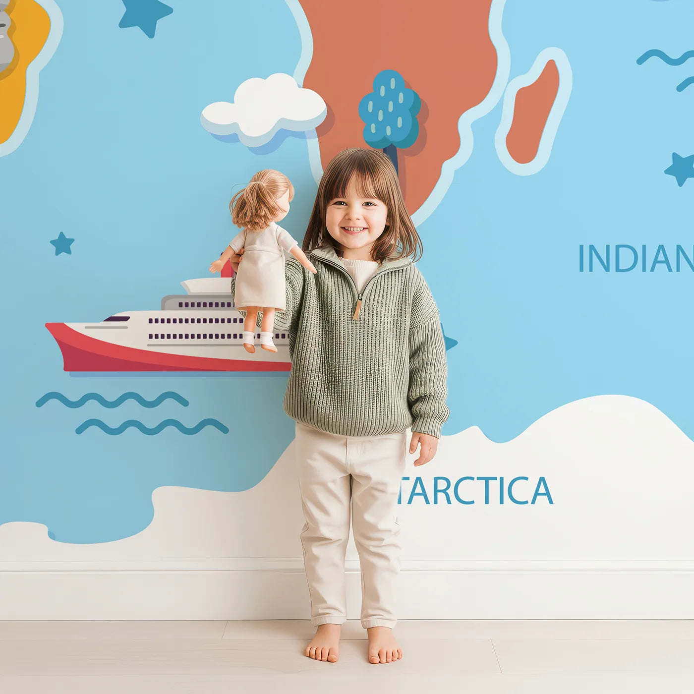 Child in front of Whimsy Tots Cartoon World Map with Landmarks Wall Mural with map, world, landmark, travel, educational, cartoon, country, continent in design.