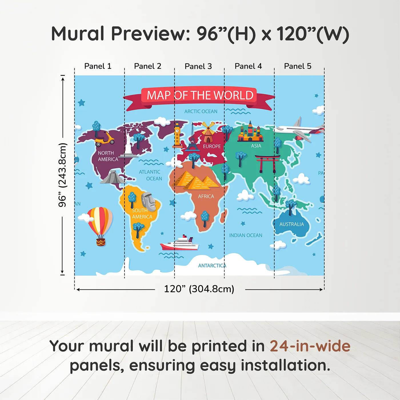 Whimsy Tots Cartoon World Map with Landmarks Wall Muraldimension view (96" H x 120" W). Printed in five 24-inch-wide panels. Gender-Neutral