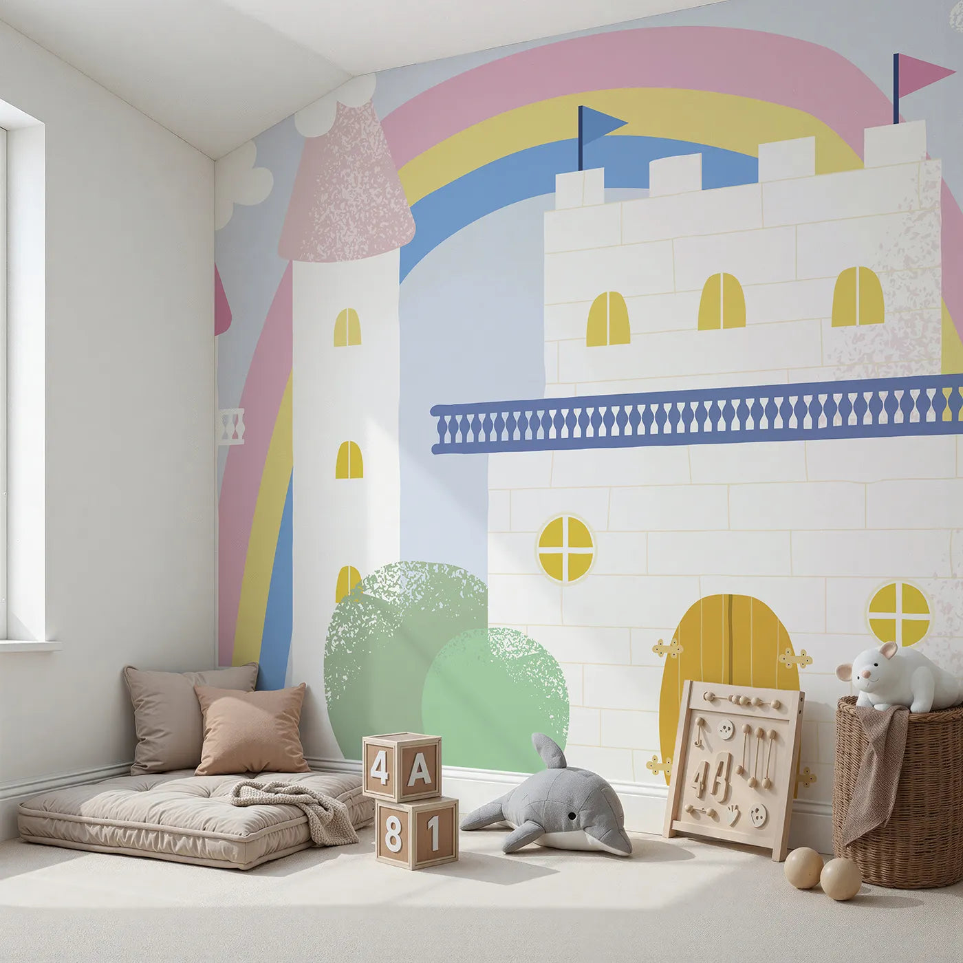 Angled view of Whimsy Tots' Pastel Fairytale Castle Wall Mural (Turn Their Room into the Sweetest Little Kingdom).Best for Girls