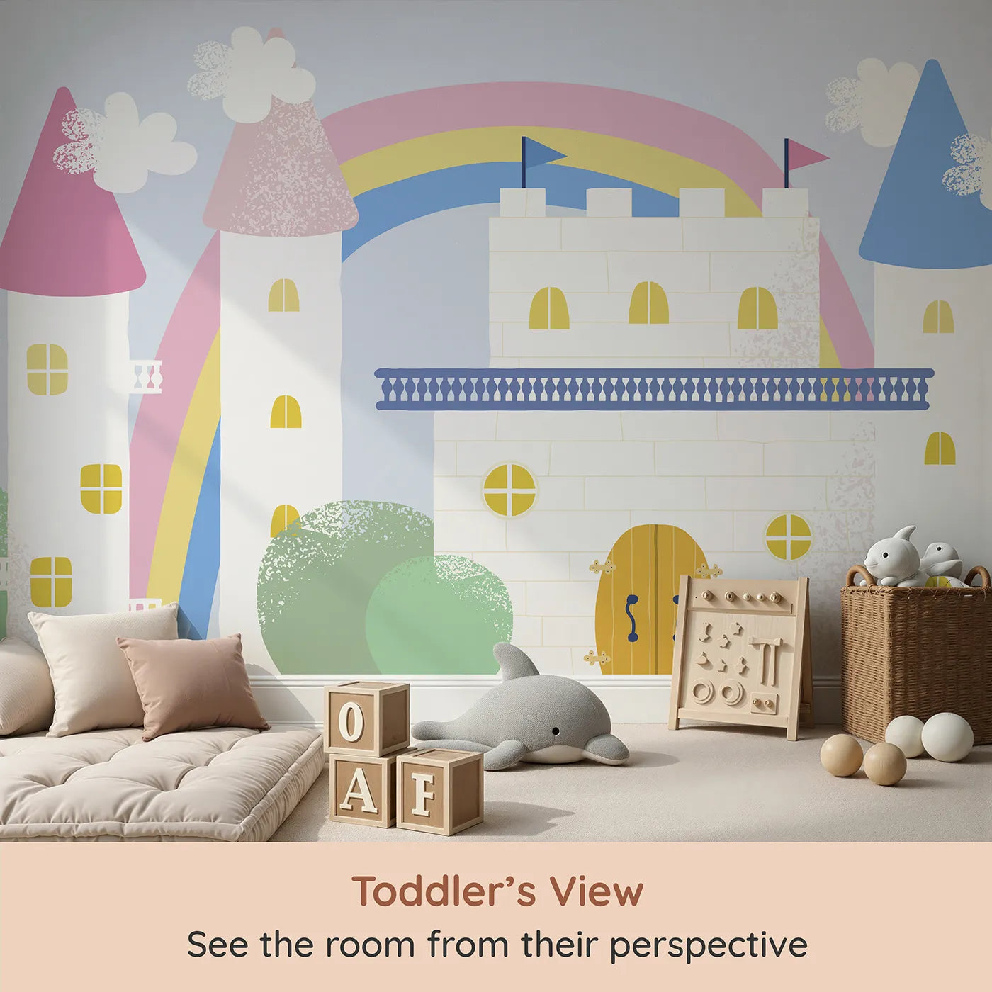 Whimsy Tots Pastel Fairytale Castle Wall Mural (Turn Their Room into the Sweetest Little Kingdom) from your child's view.Best for Girls