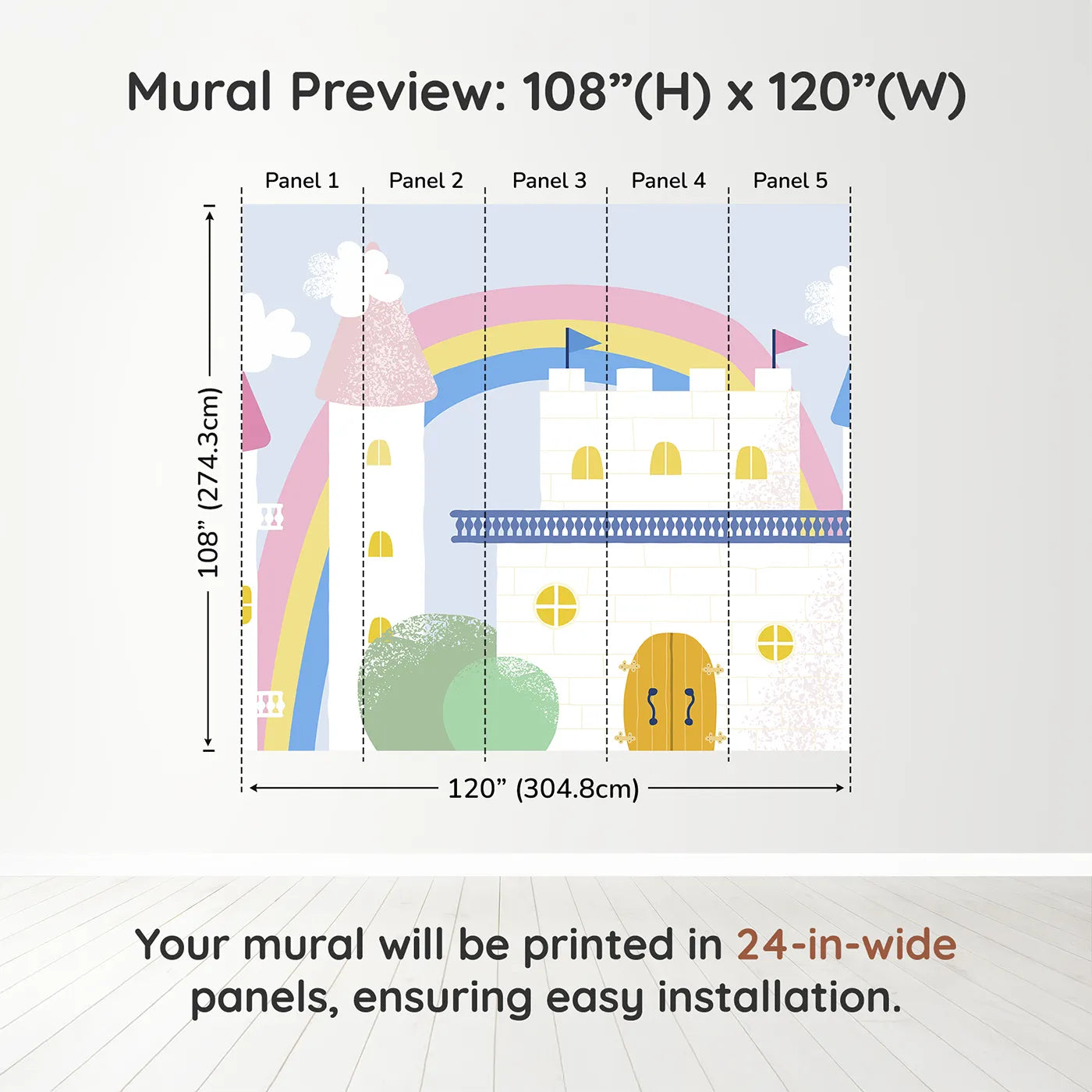 Whimsy Tots Pastel Fairytale Castle Wall Muraldimension view (108" H x 120" W). Printed in five 24-inch-wide panels. Best for Girls