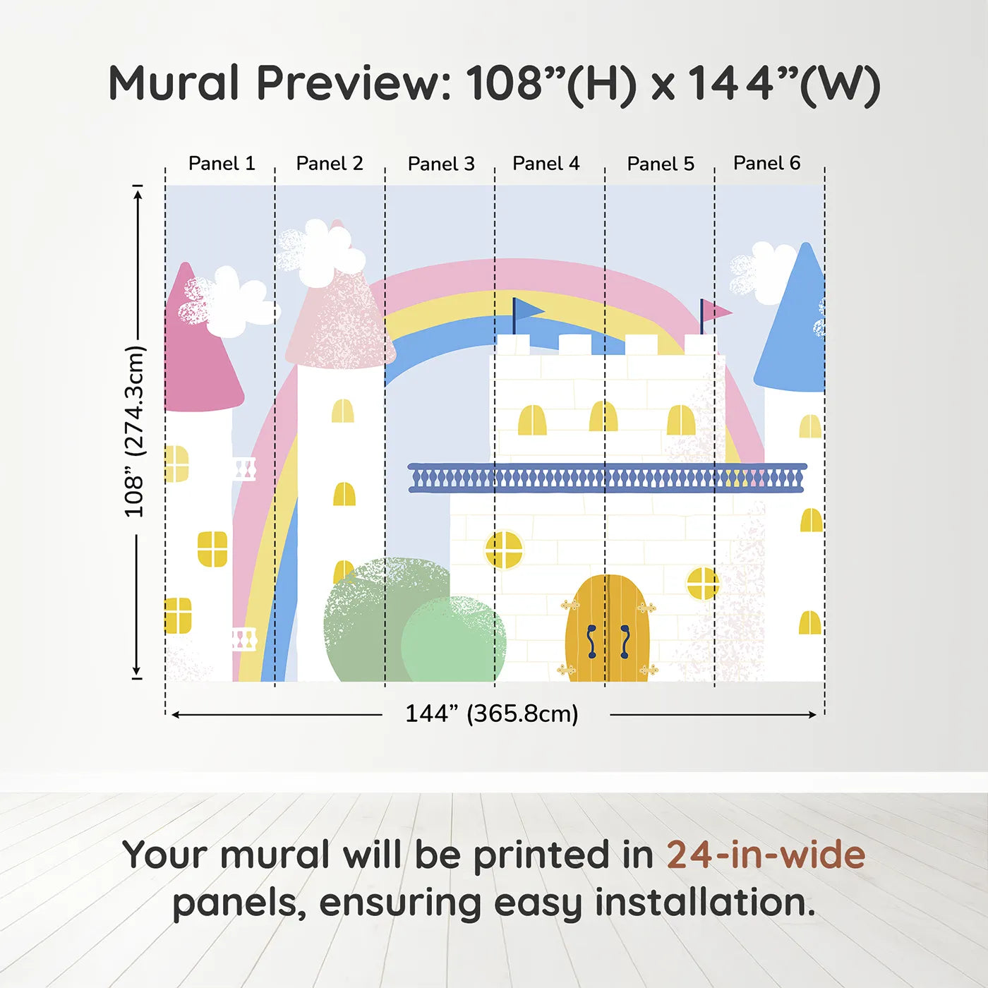 Whimsy Tots Pastel Fairytale Castle Wall Muraldimension view (108" H x 144" W). Printed in six 24-inch-wide panels. Best for Girls
