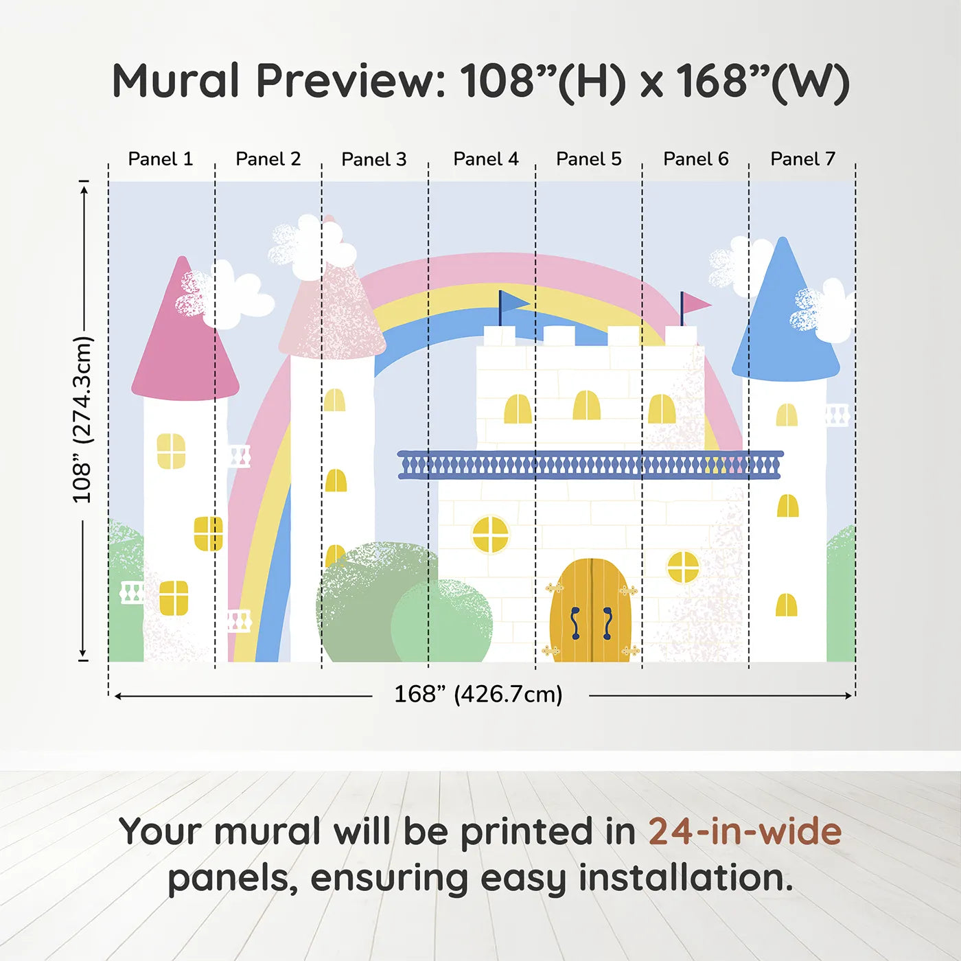 Whimsy Tots Pastel Fairytale Castle Wall Muraldimension view (108" H x 168" W). Printed in seven 24-inch-wide panels. Best for Girls