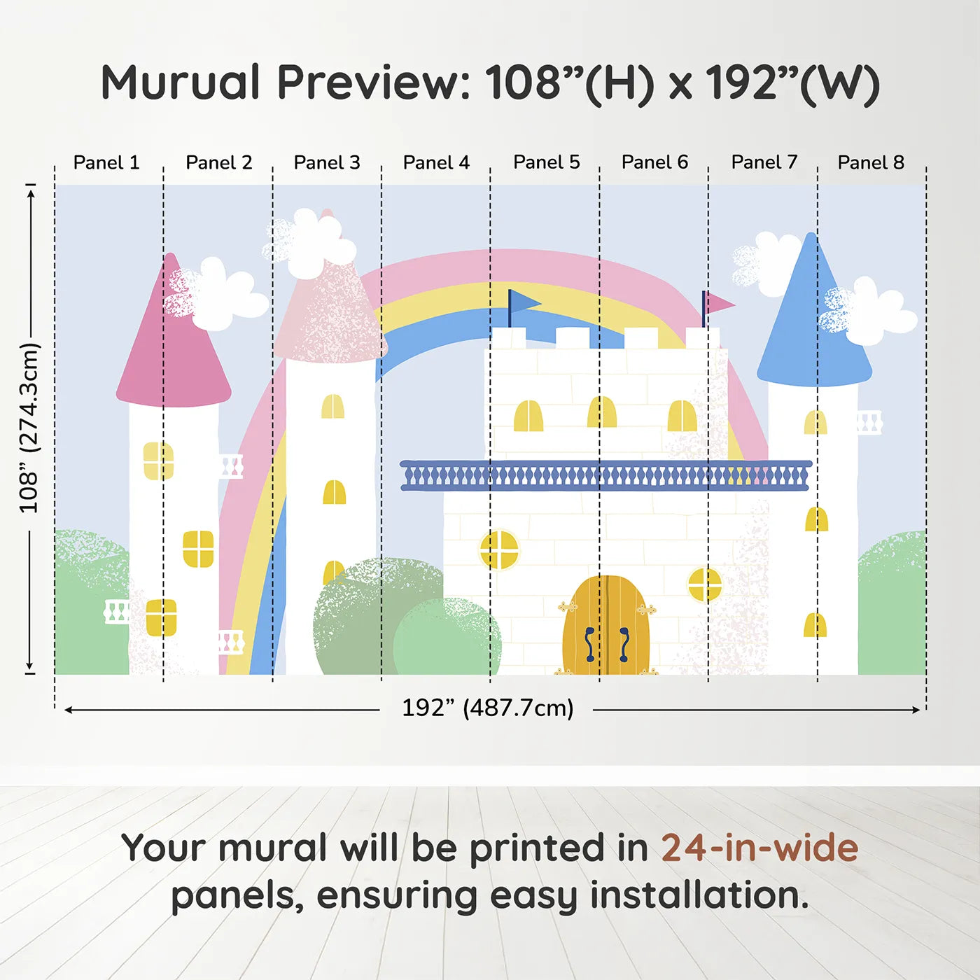 Whimsy Tots Pastel Fairytale Castle Wall Muraldimension view (108" H x 192" W). Printed in eight 24-inch-wide panels. Best for Girls