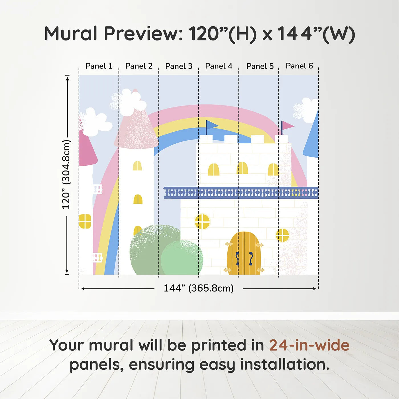Whimsy Tots Pastel Fairytale Castle Wall Muraldimension view (120" H x 144" W). Printed in six 24-inch-wide panels. Best for Girls