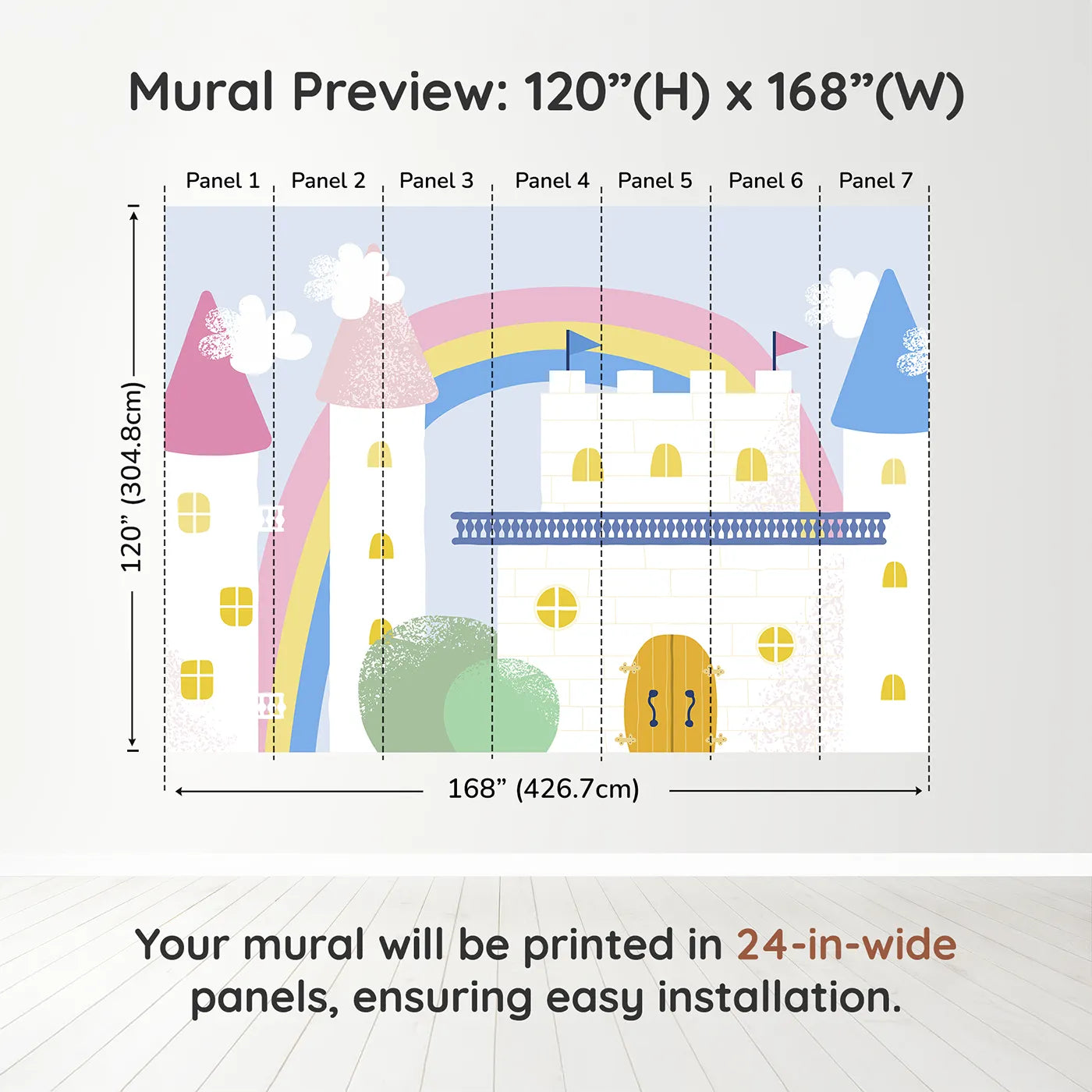 Whimsy Tots Pastel Fairytale Castle Wall Muraldimension view (120" H x 168" W). Printed in seven 24-inch-wide panels. Best for Girls