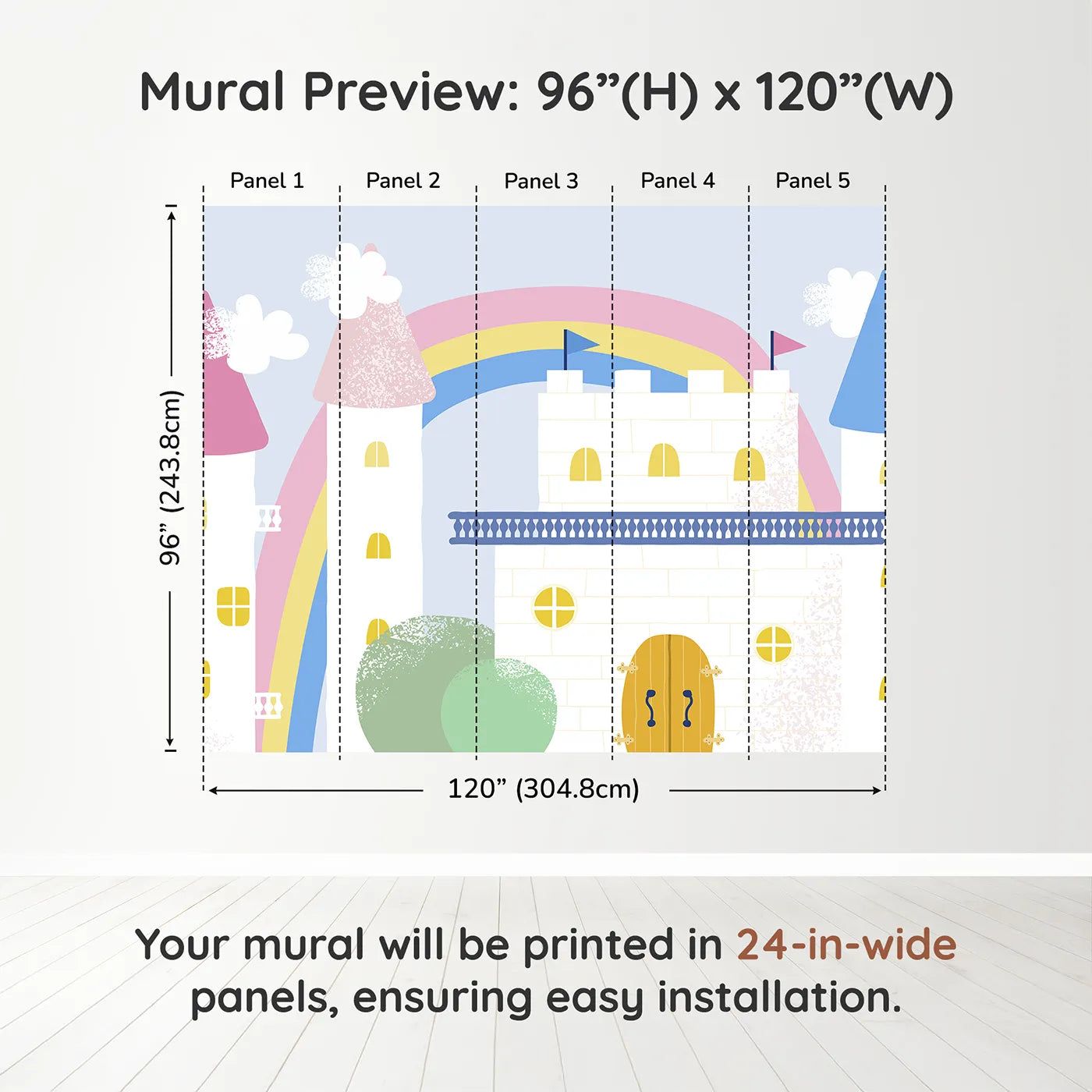 Whimsy Tots Pastel Fairytale Castle Wall Muraldimension view (96" H x 120" W). Printed in five 24-inch-wide panels. Best for Girls