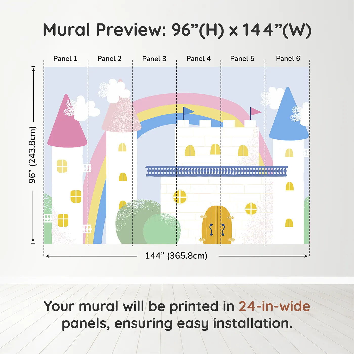 Whimsy Tots Pastel Fairytale Castle Wall Muraldimension view (96" H x 144" W). Printed in six 24-inch-wide panels. Best for Girls