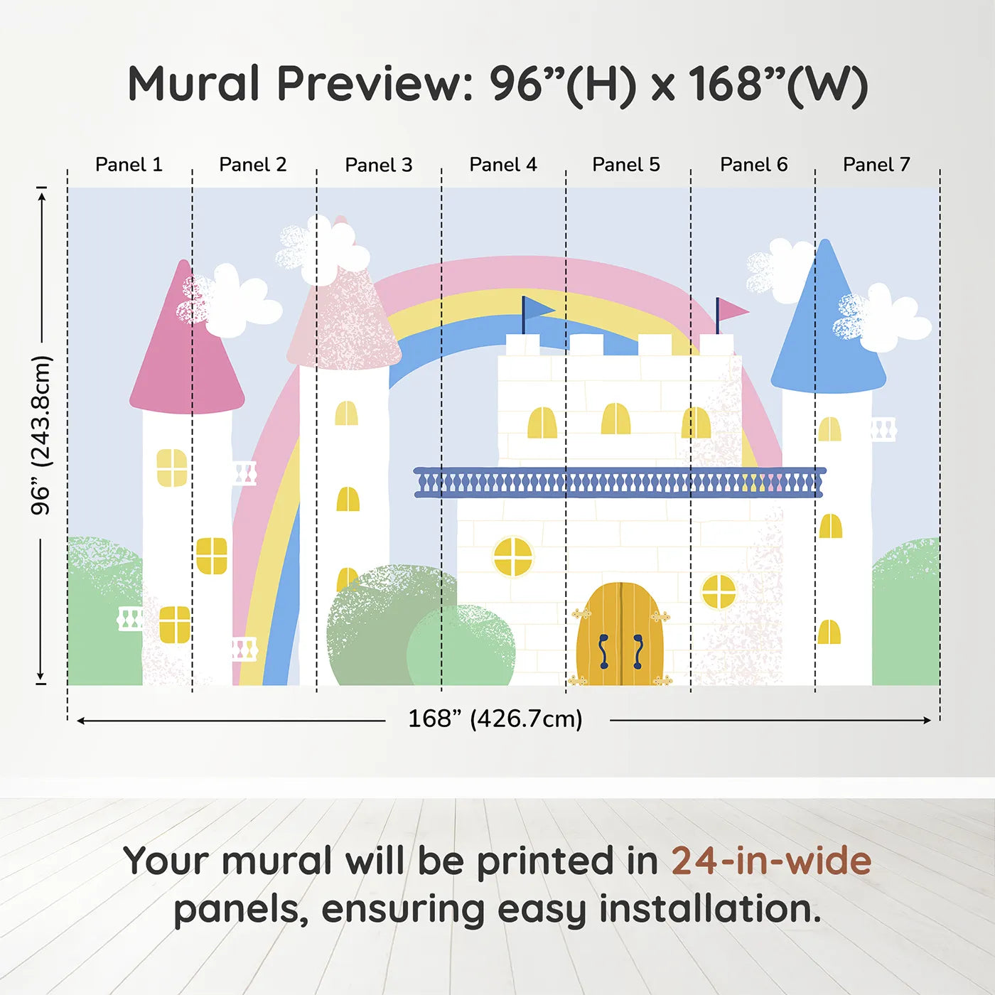 Whimsy Tots Pastel Fairytale Castle Wall Muraldimension view (96" H x 168" W). Printed in seven 24-inch-wide panels. Best for Girls