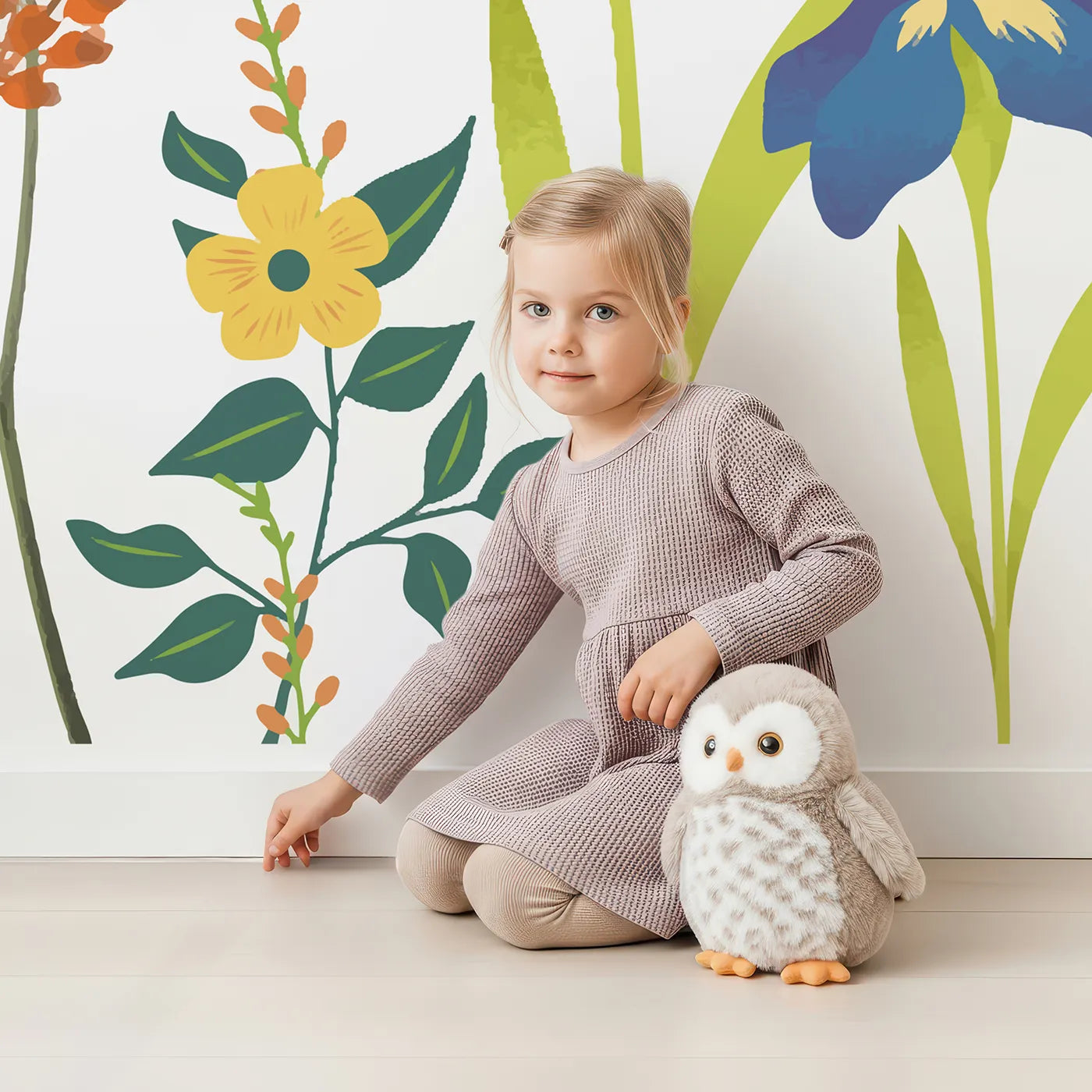 Child in front of Whimsy Tots Wildflower Garden Border Wall Mural with flower, wildflower, butterfly, bee, garden, colorful, border, nature in design.