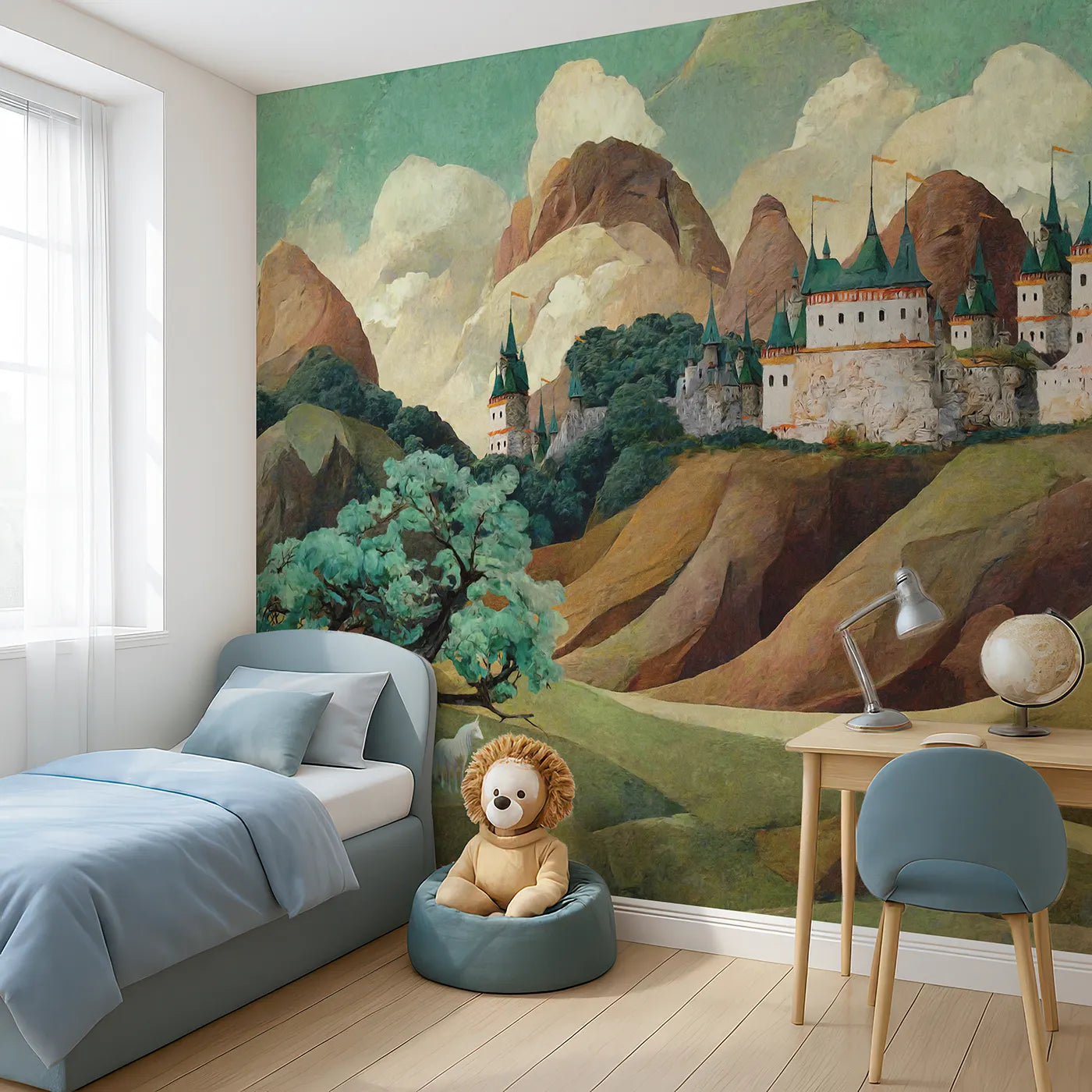 Angled view of Whimsy Tots' Whispering Peaks Castle Wall Mural (Turn Their Room into a Storybook Fantasy World).Gender-Neutral